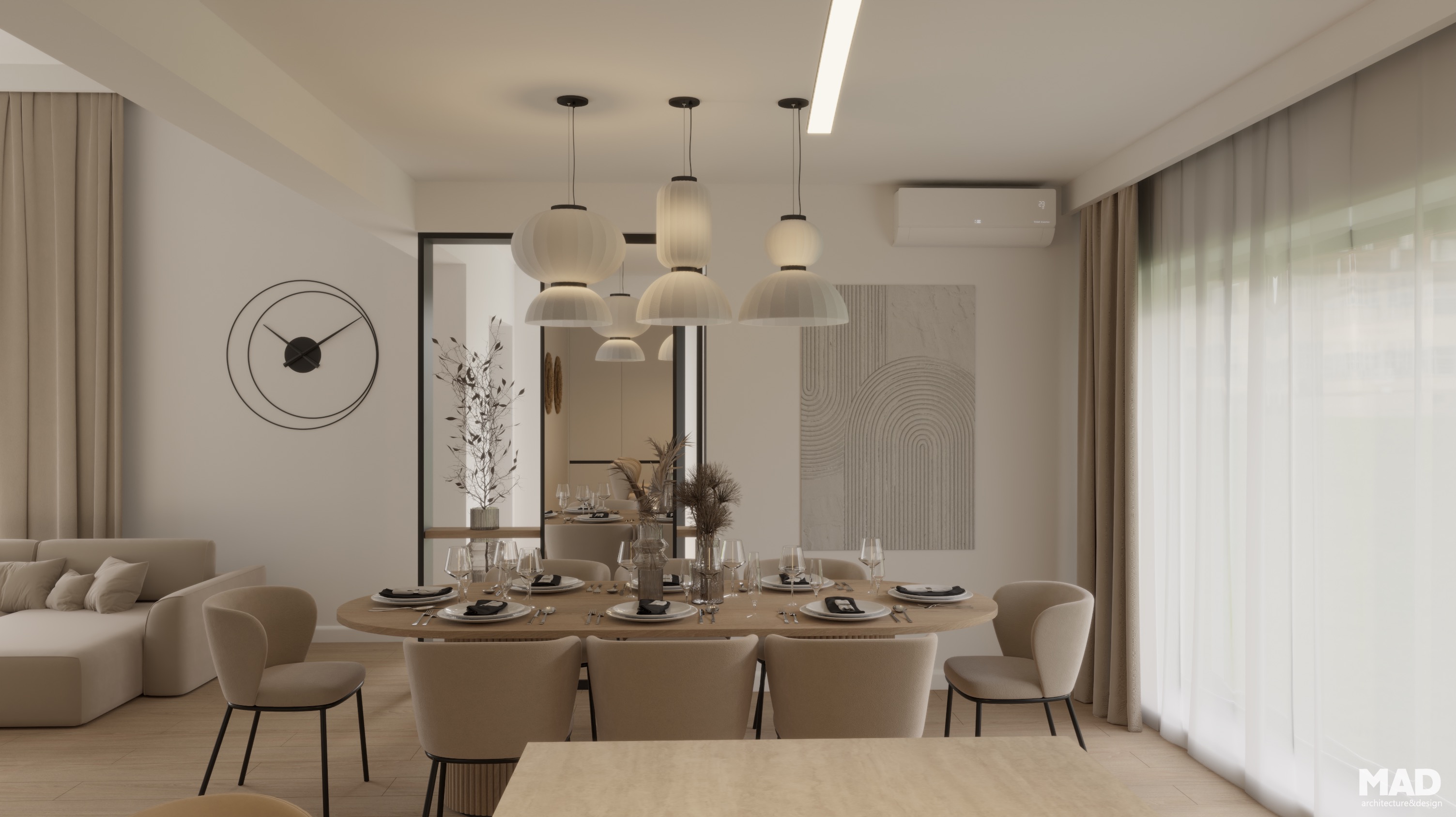 Zonă de dining elegantă, cu masă ovală din lemn, scaune tapițate crem și corpuri de iluminat cu forme rotunde, proiectată de MAD architecture&design.