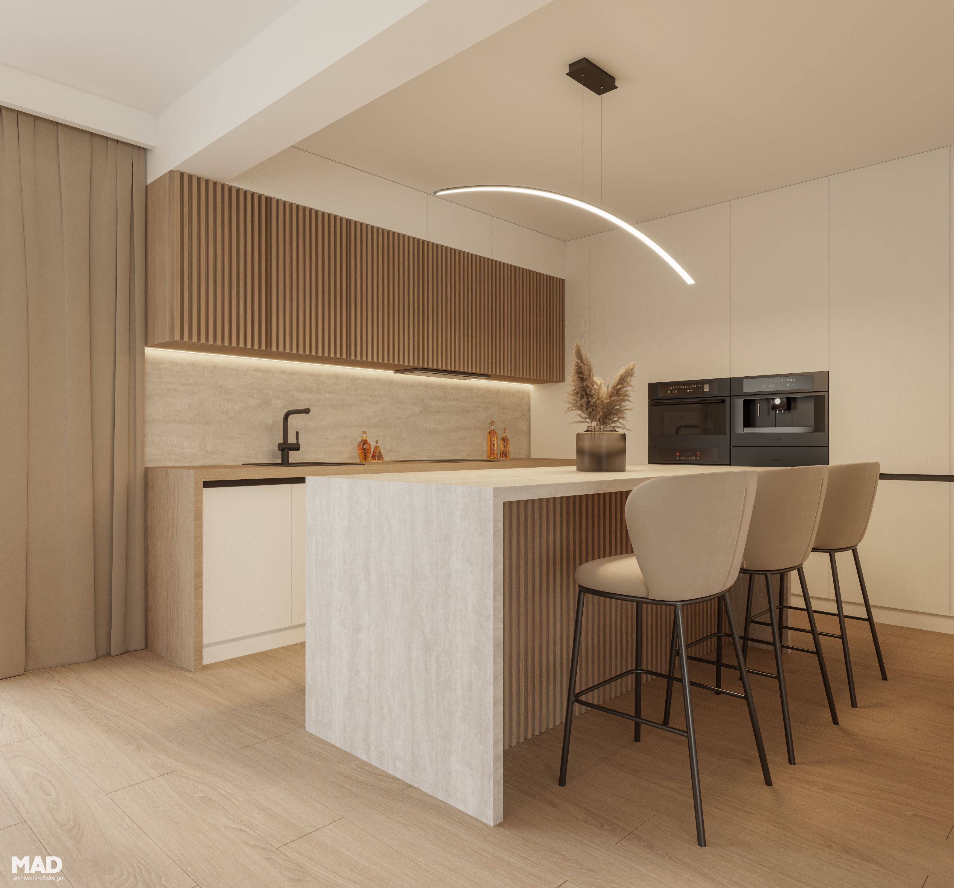 Mobilier de bucătărie minimalist, cu riflaj din lemn, fronturi albe și accente negre, în stil wabi-sabi, creat de MAD architecture&design.