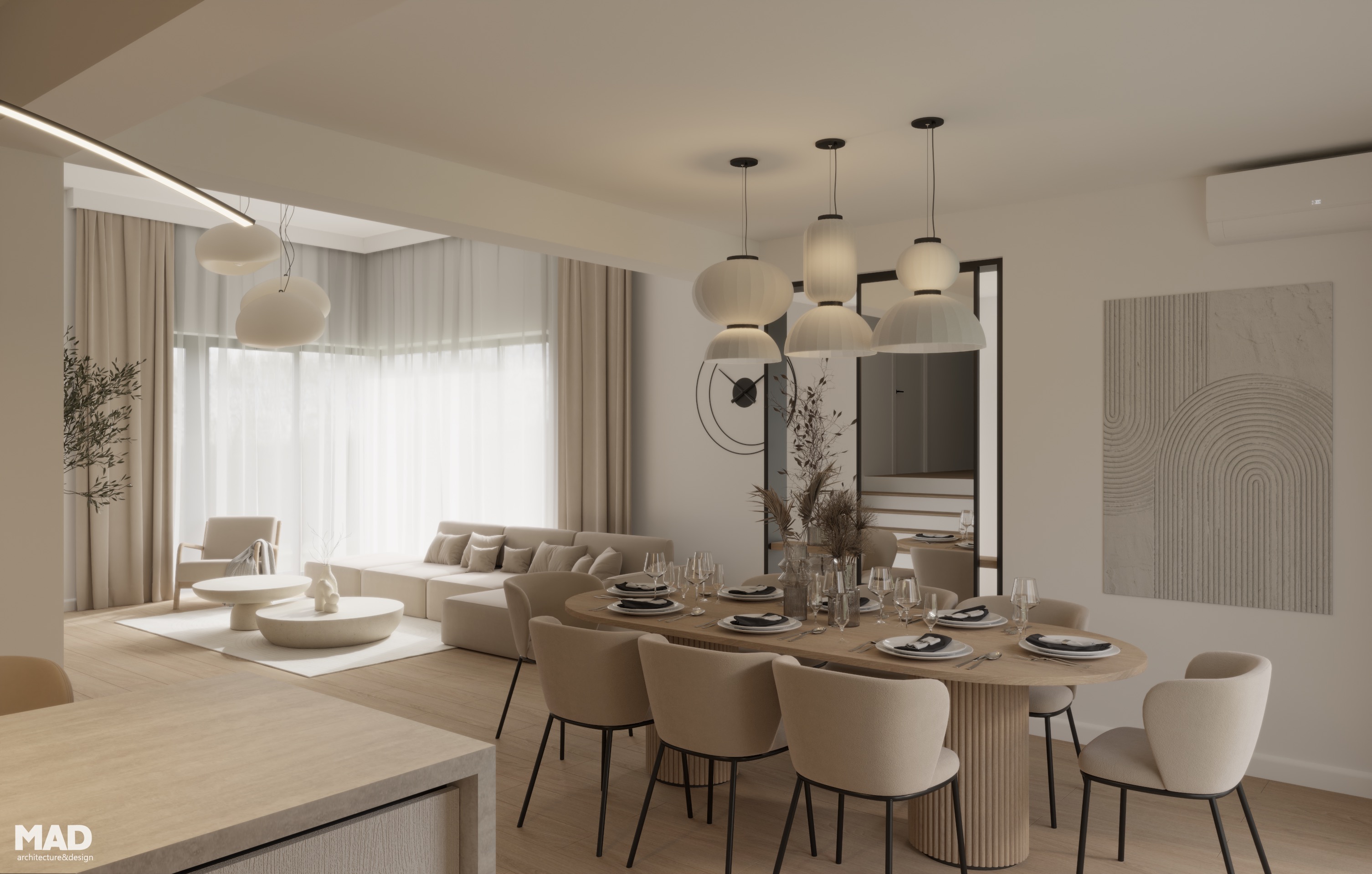 Open space elegant cu living, dining și bucătărie integrate într-un design coerent, natural și luminos, semnat MAD architecture&design.