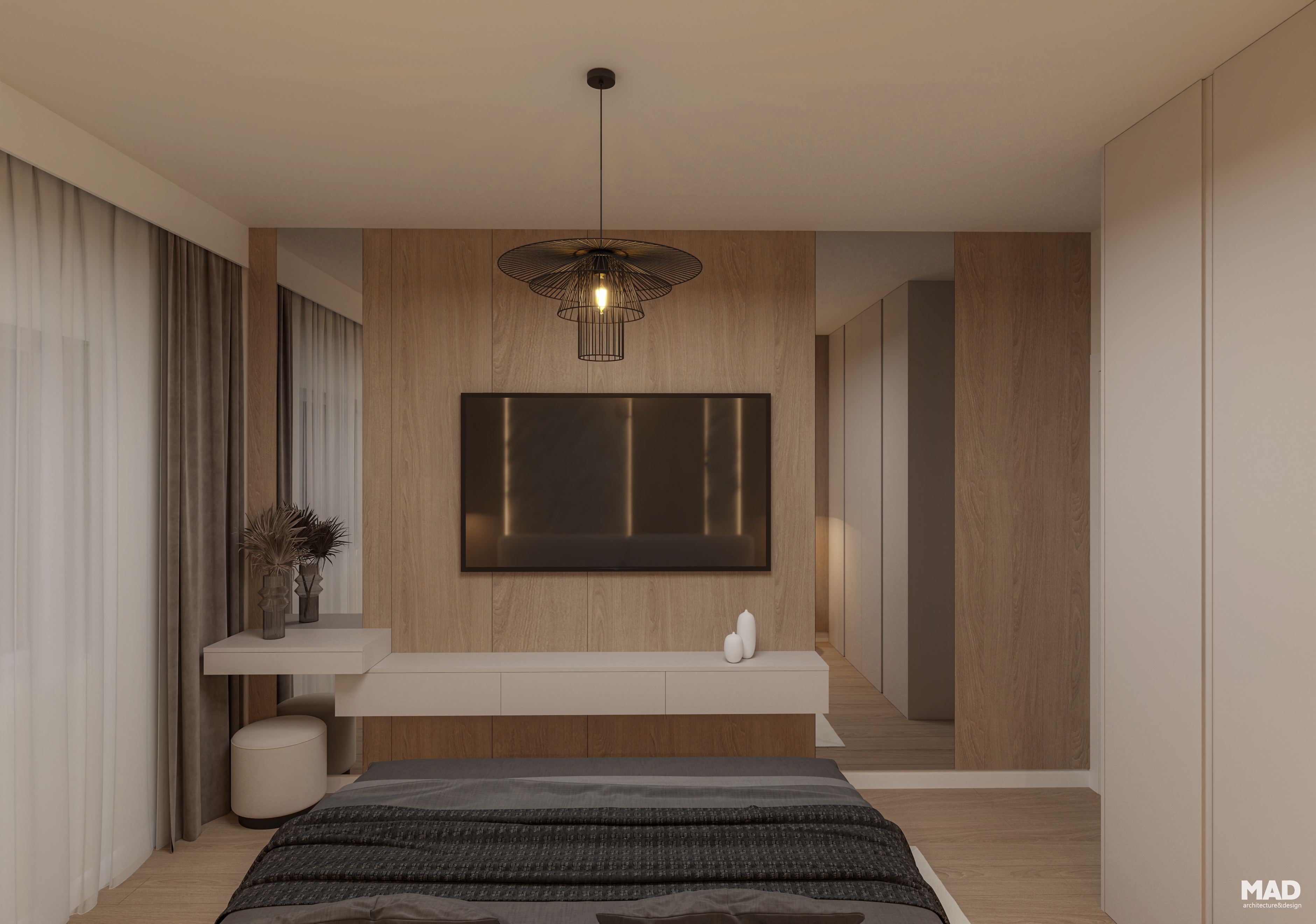 Zona de dormitor cu mobilier suspendat minimalist, perete placat cu lemn și televizor integrat, accente moderne și lumină caldă – design MAD architecture&design.