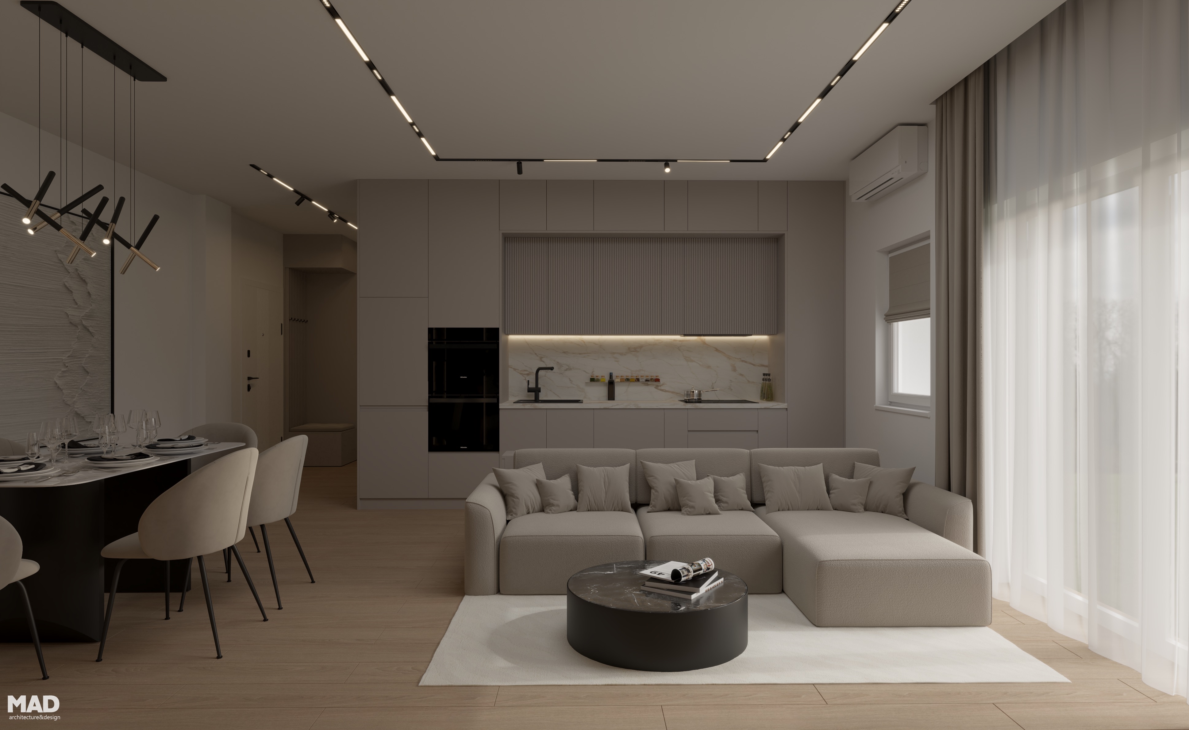 Spațiu open-space elegant, cu living, dining și bucătărie integrate, finisaje din lemn și piatră, mobilier minimalist și iluminare arhitecturală – proiect MAD architecture&design.