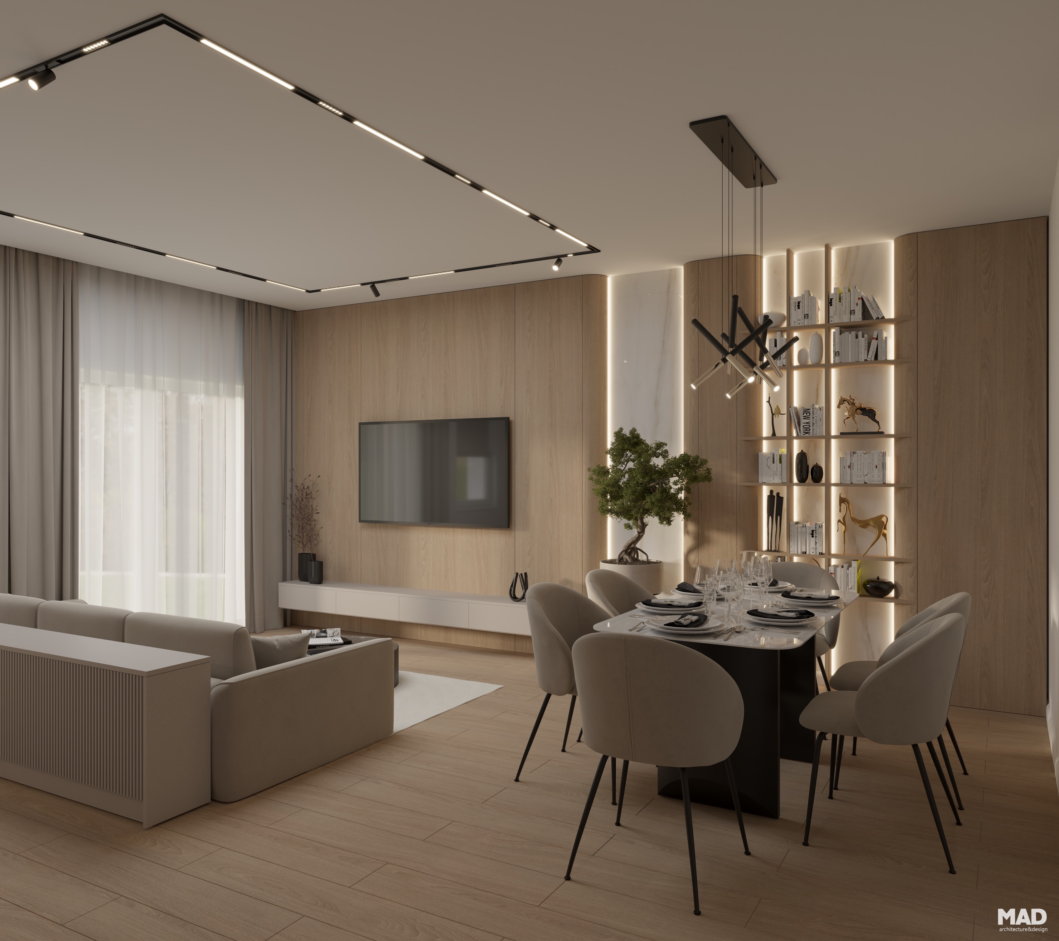 Living contemporan cu dining elegant, mobilier în tonuri neutre, accente negre și perete decorativ cu iluminare indirectă – amenajare MAD architecture&design.