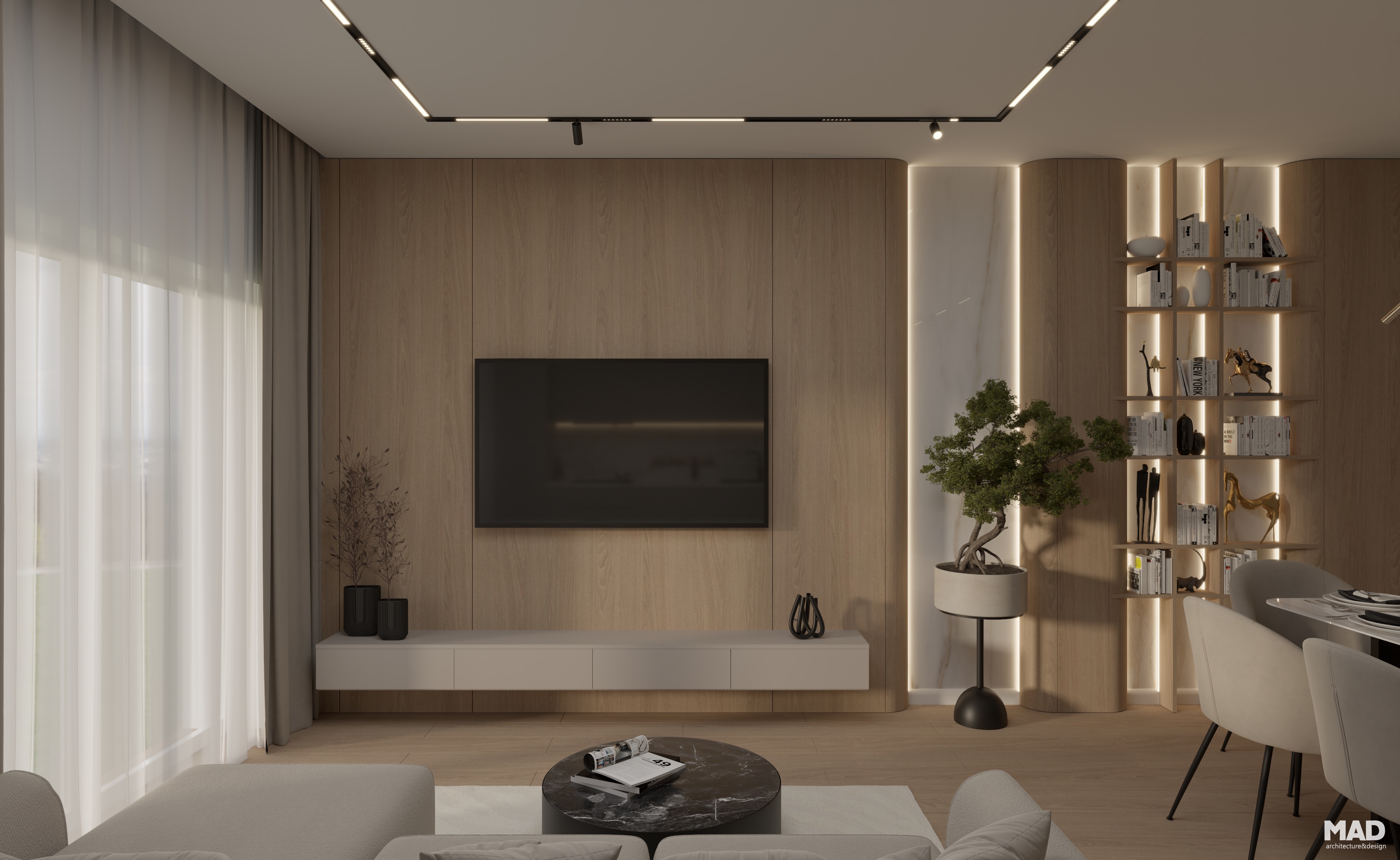 Living modern cu perete placat cu lemn natural, televizor integrat și mobilier suspendat minimalist, completat de elemente decorative discrete – MAD architecture&design.