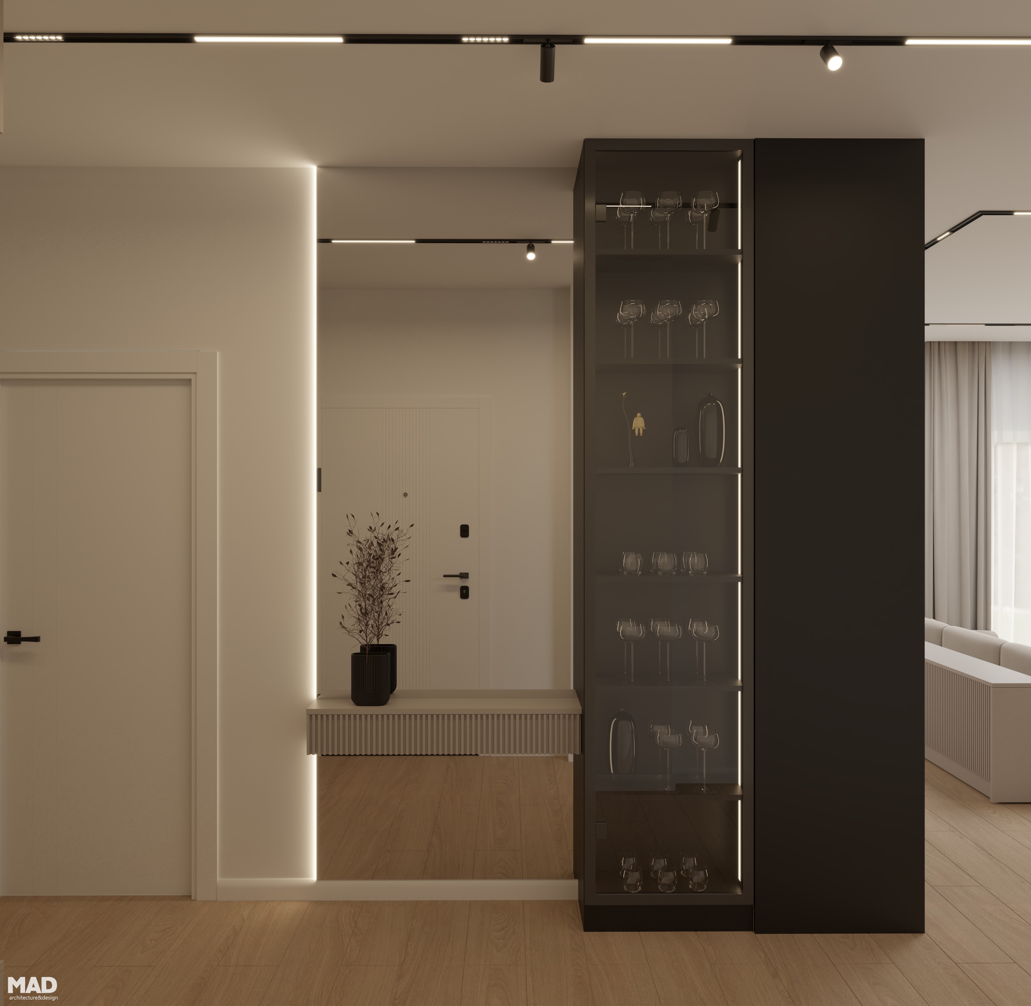 Oglinda iluminata LED si consola in hol intare cu vitrina sticla fumurie  - amenajare MAD architecture&design