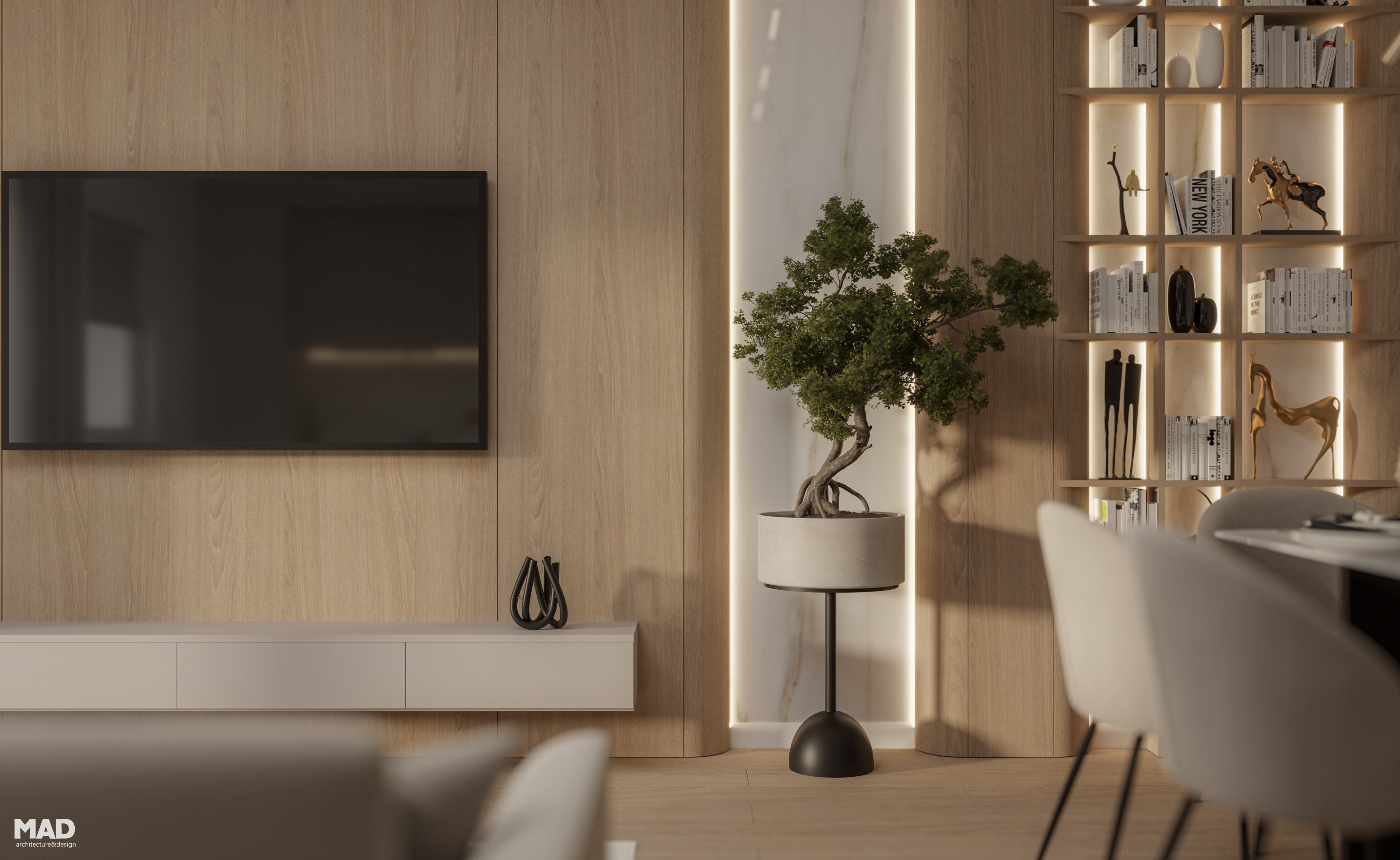 Detaliu perete decorativ din living, cu panouri de lemn, inserții din marmură calacatta gold și iluminare LED caldă, în stil contemporan – proiect MAD architecture&design.