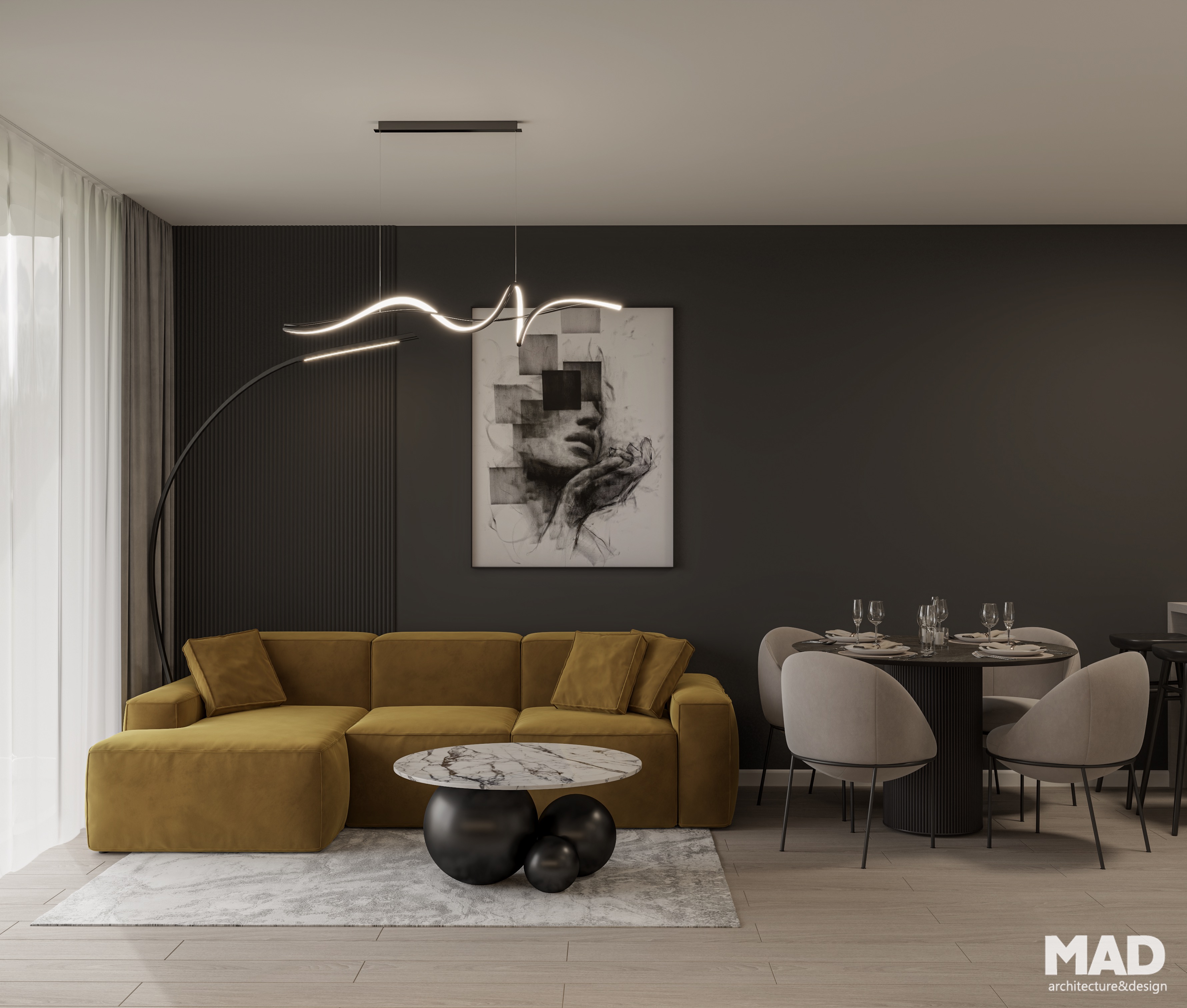 Spațiu open space ce îmbină zona de living cu diningul, într-un design coerent cu tonuri neutre și mobilier rafinat, semnat MAD architecture&design.