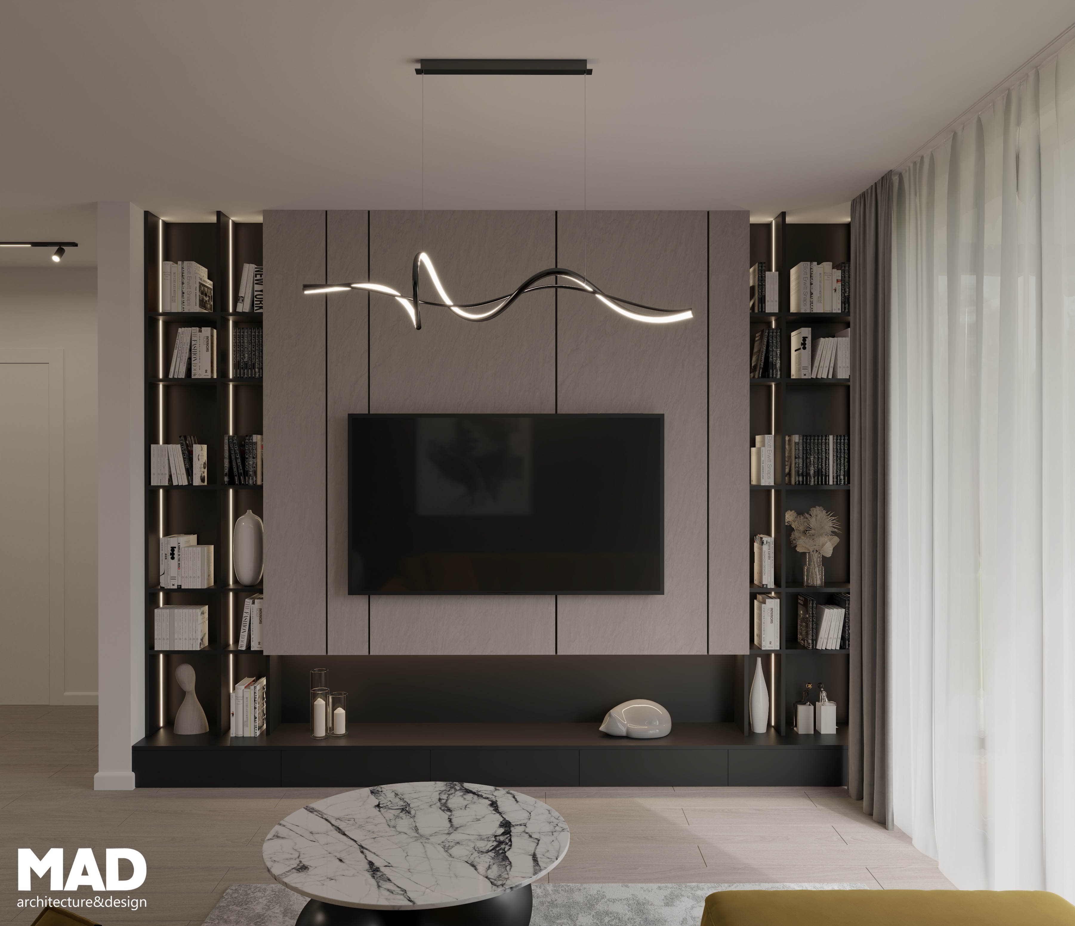 Perete media contemporan decorativ cu TV încastrat și biblioteca cu rafturi luminate cu banda LED, finisaje gri și negru mat, proiect MAD architecture&design cu detalii sofisticate.