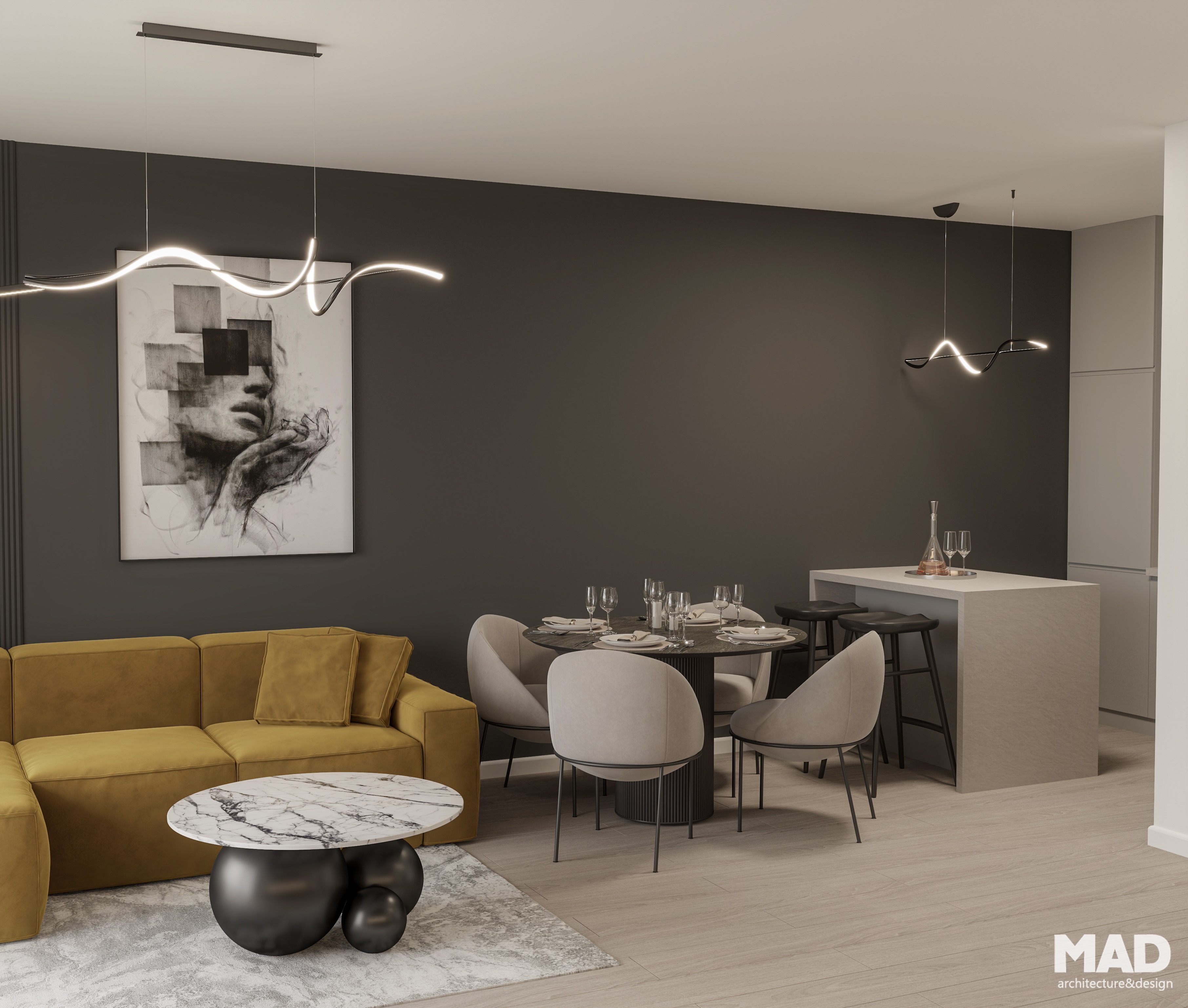 Amenajare open space elegantă, cu zonă de zi integrată – living, dining și bucătărie – în stil contemporan unitar, realizată de MAD architecture&design.