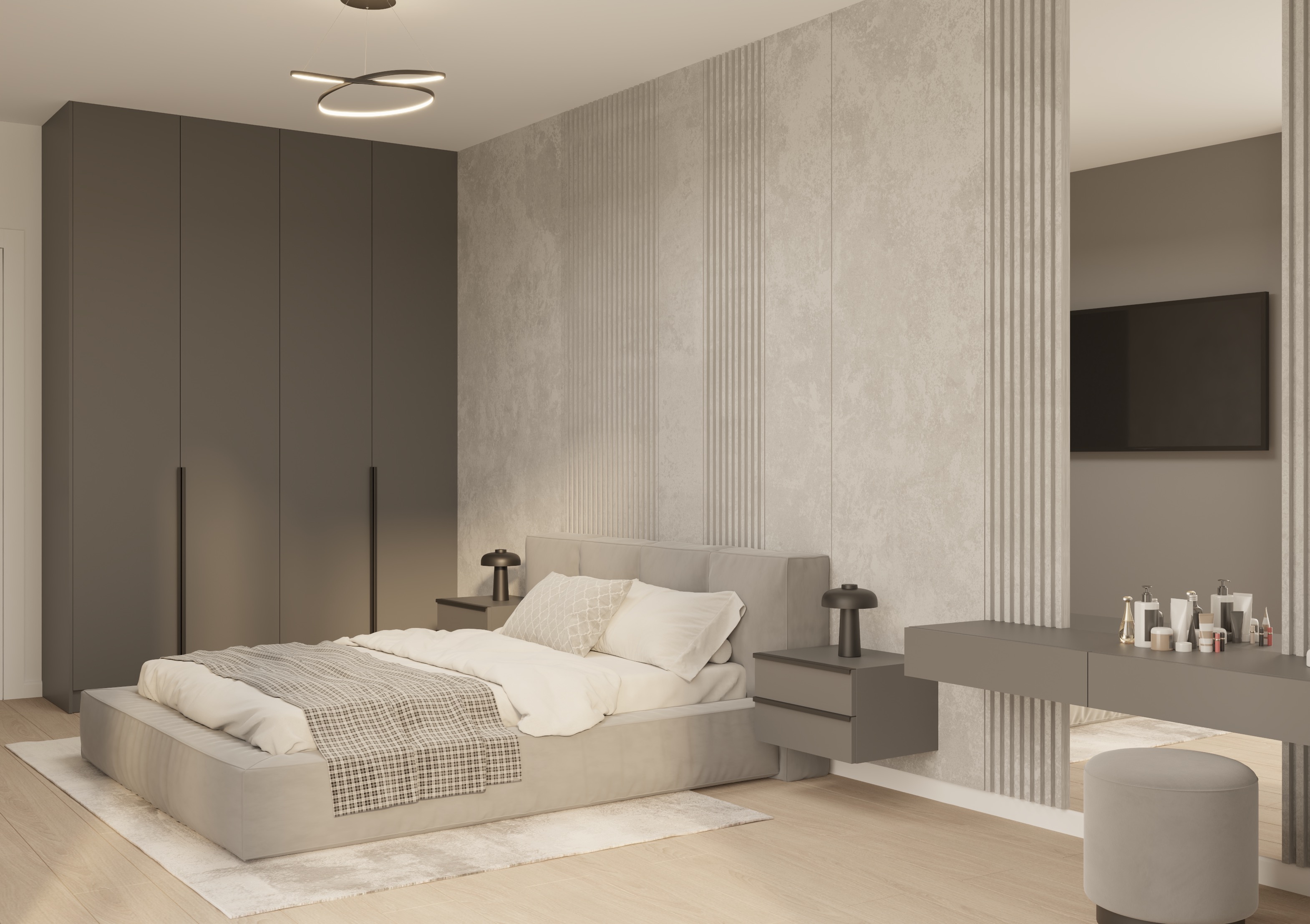 Dormitor matrimonial modern, cu pat tapițat, placare perete cu aspect de piatra gri, masă de toaletă suspendată și detalii metalice negre, design premium realizat de MAD architecture&design.