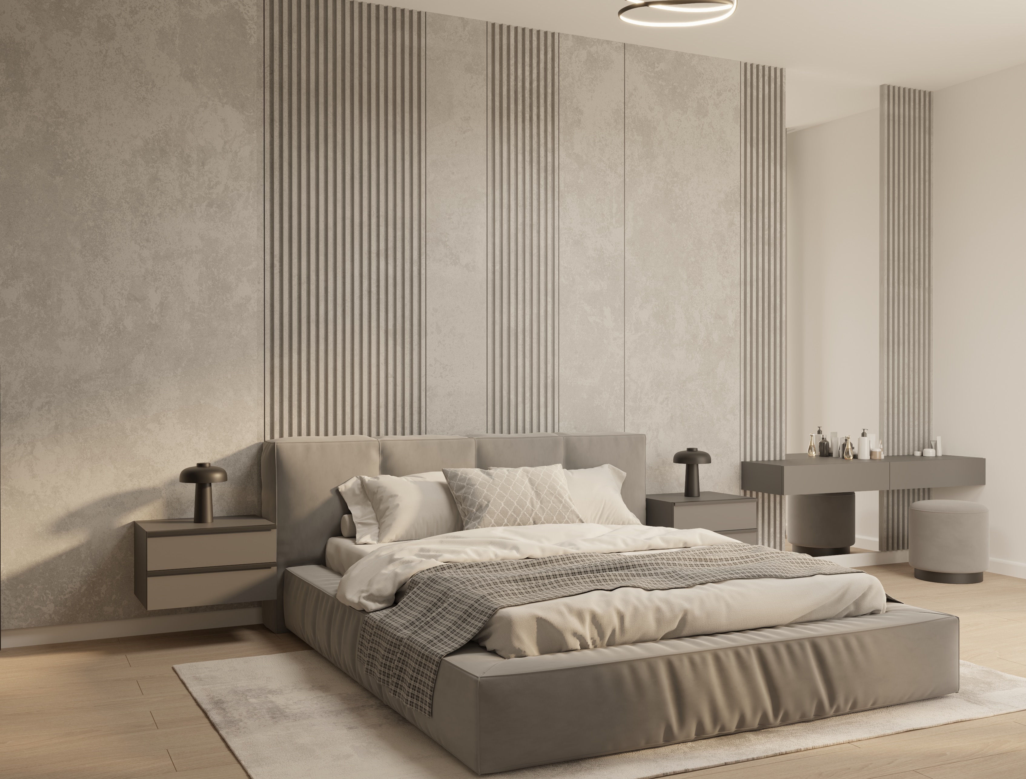 Dormitor elegant cu perete decorativ texturat, tonuri neutre și mobilier suspendat, parte din proiectul Apartament K realizat de MAD architecture&design.