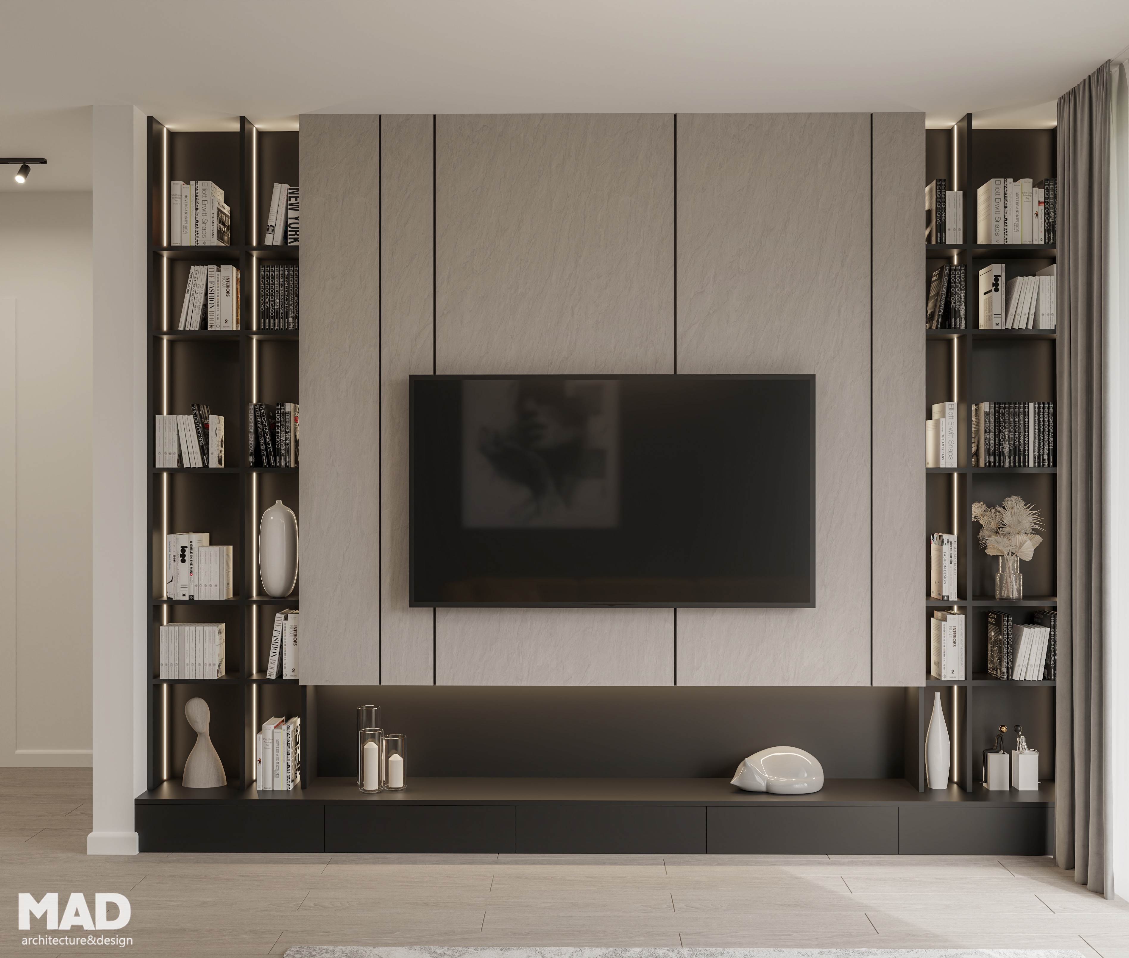 Perete media cu bibliotecă integrată și iluminare ambientală, finisaje mate în tonuri de gri și negru, design contemporan semnat MAD architecture&design.