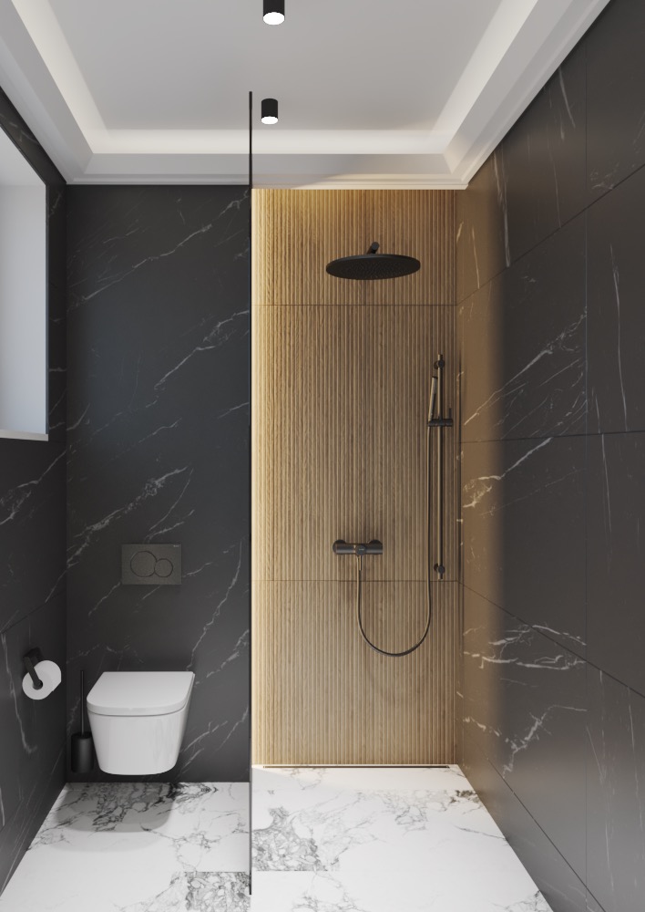 Baie contemporană de lux cu duș walk-in, pereți placați în marmură și accente din lemn riflat, semnată de MAD architecture&design.