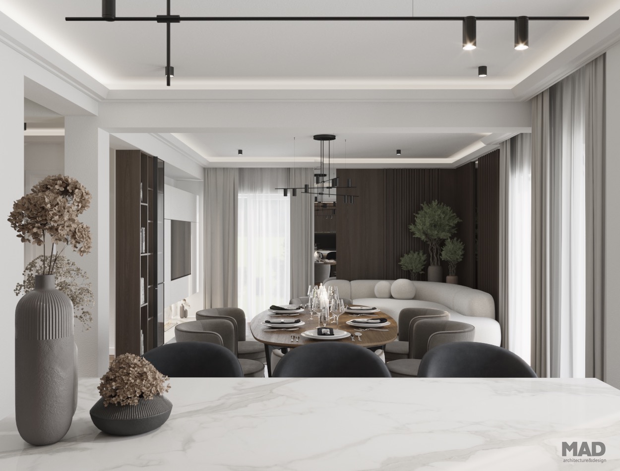 Perspectivă asupra zonei open space luxury, unde bucătăria elegantă și diningul se deschid către livingul rafinat, semnat de MAD architecture&design.