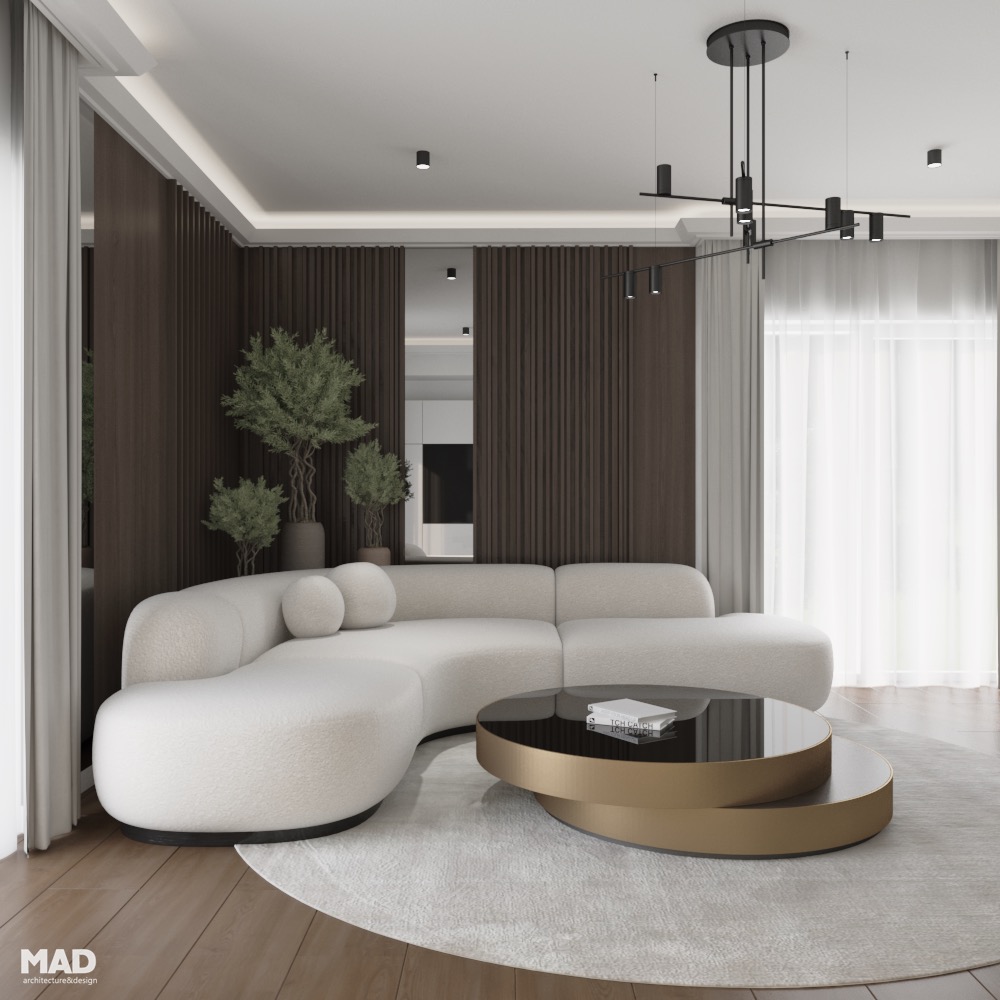 Living luxury contemporan cu canapea curbată din material boucle crem și pereți placați în lemn nuc wenge, semnat de MAD architecture&design.