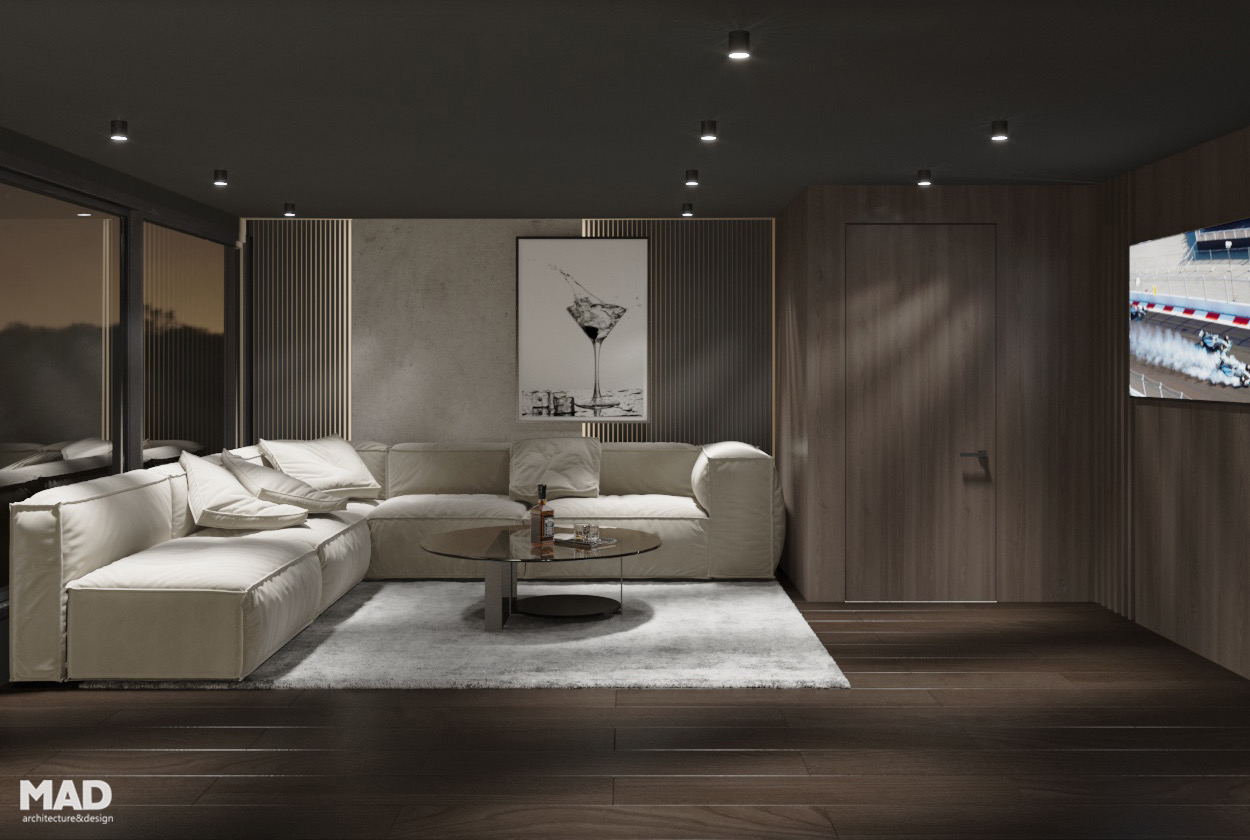 Lounge elegant pe terasa acoperită, cu canapea din catifea bej, masă de cafea din sticlă fumurie și finisaje din lemn închis, realizat de MAD architecture&design.