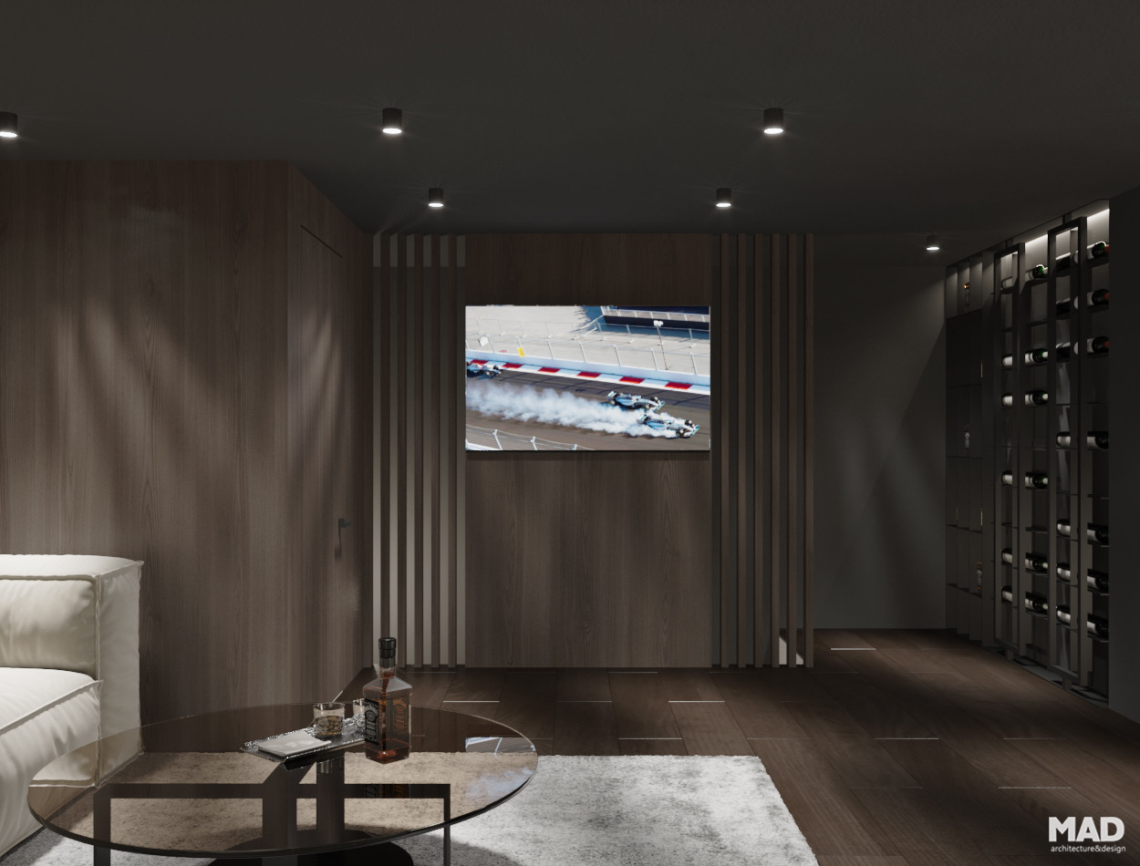 Lounge exclusivist cu pereți placați în lemn, TV integrat și colecție de vinuri iluminată, proiect luxury realizat de MAD architecture&design.