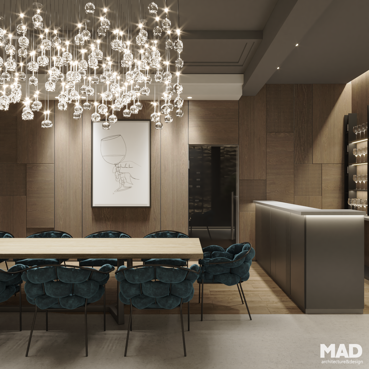 Design interior luxury contemporan al unei crame cu masă din lemn, scaune tapițate albastru, bar elegant și panouri din lemn, realizat de MAD architecture&design.