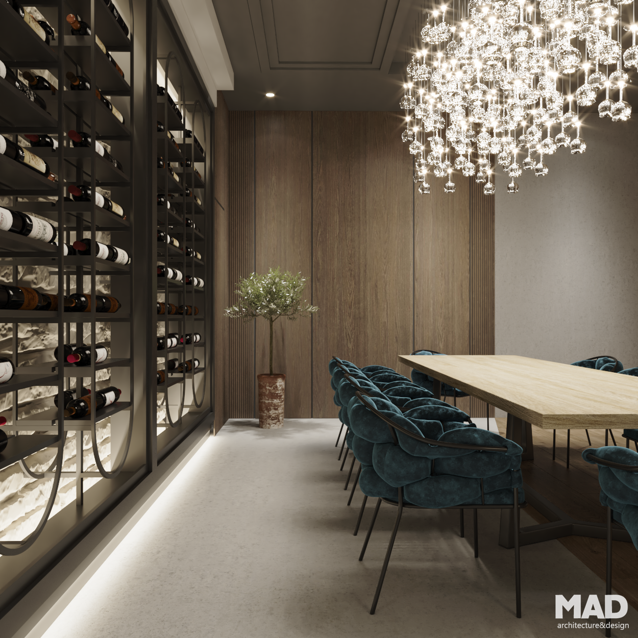 Design contemporan de cramă cu vinotecă iluminată, candelabru spectaculos și mobilier luxury, realizat de MAD architecture&design.