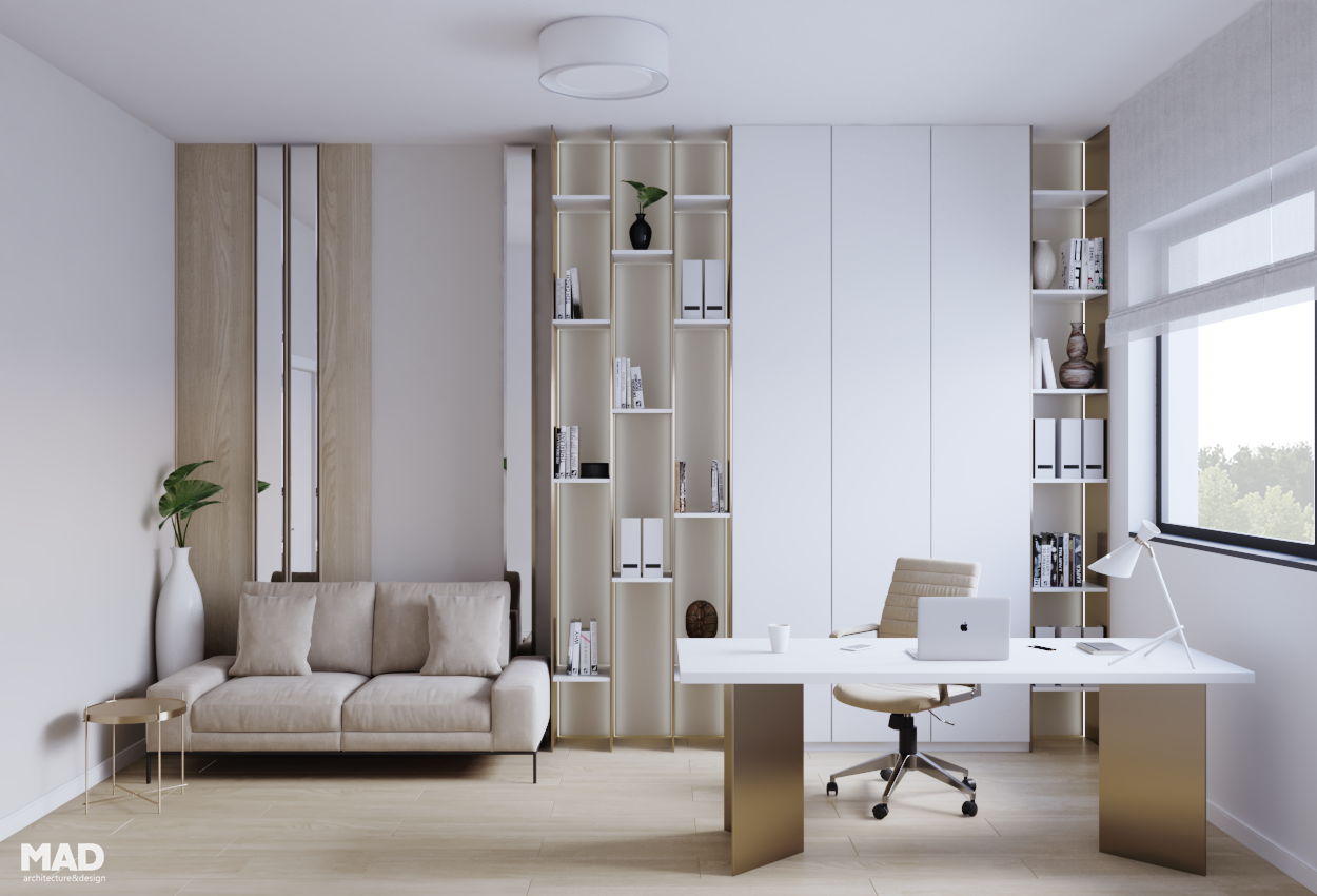 Birou medical elegant în stil contemporan, cu mobilier minimalist alb și accente metalice aurii, design realizat de MAD architecture&design.