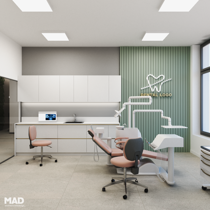 Cabinet stomatologic modern, cu mobilier alb și perete decorativ cu riflaj verde, design realizat de MAD architecture&design.