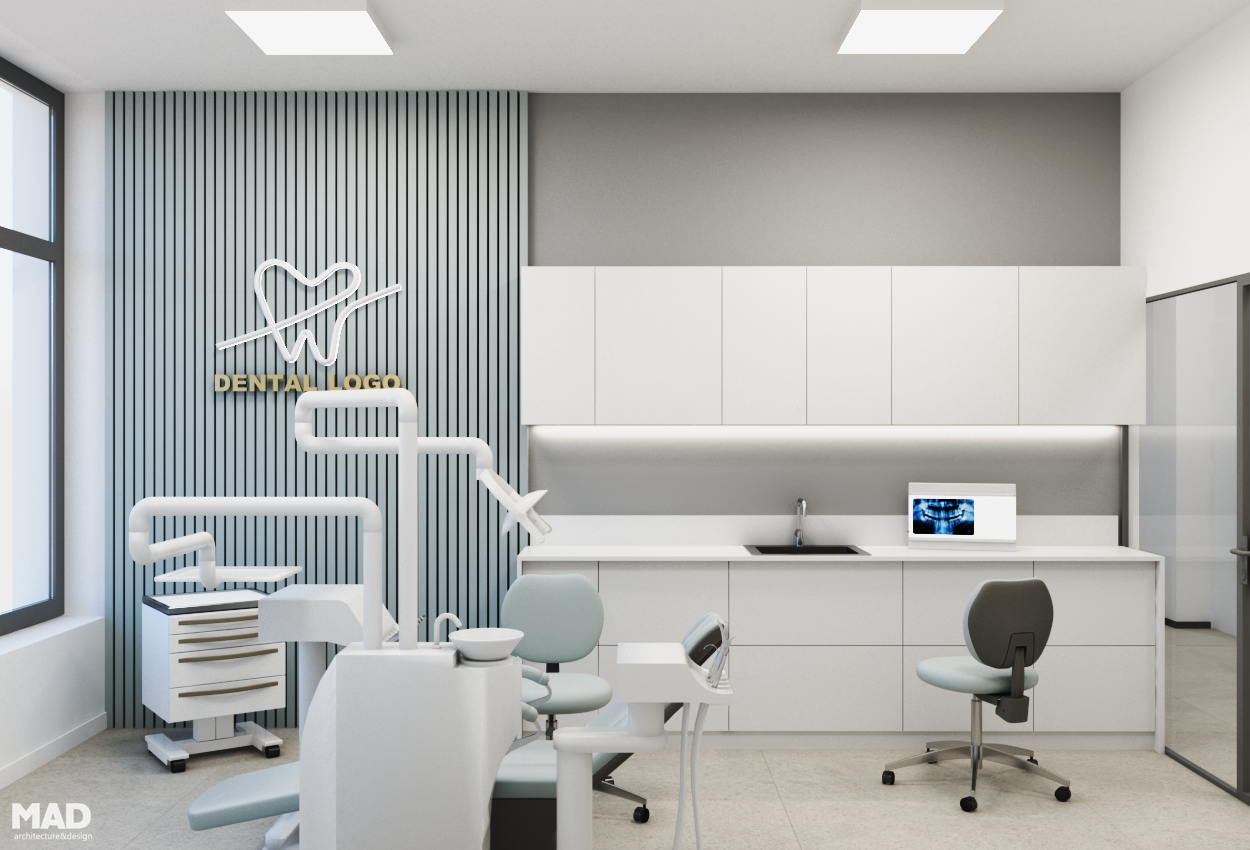 Design interior cabinet stomatologic modern, accente cu riflaje albastre pastel și mobilier minimalist, semnat MAD architecture&design.