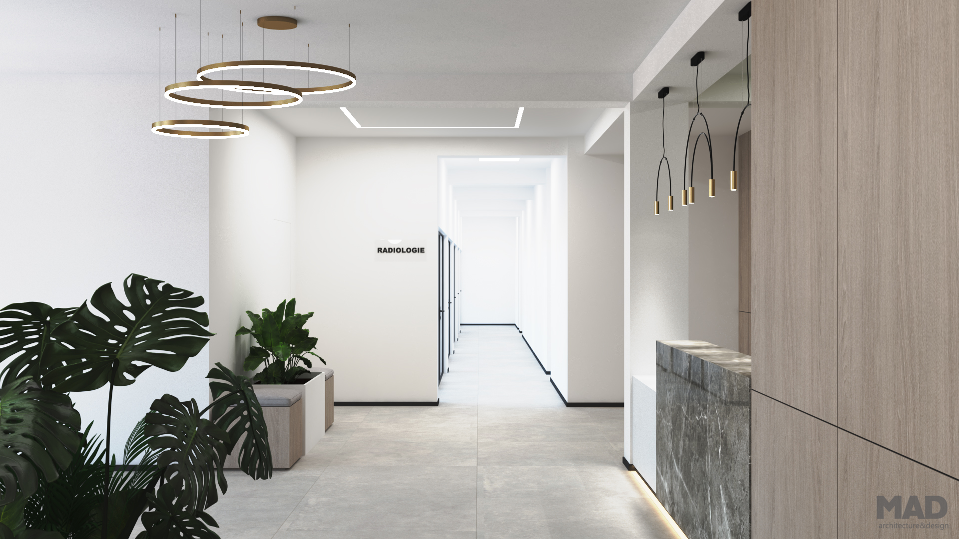 Hol luminos al clinicii stomatologice, finisaje neutre, iluminat decorativ și plante naturale, design elegant realizat de MAD architecture&design.