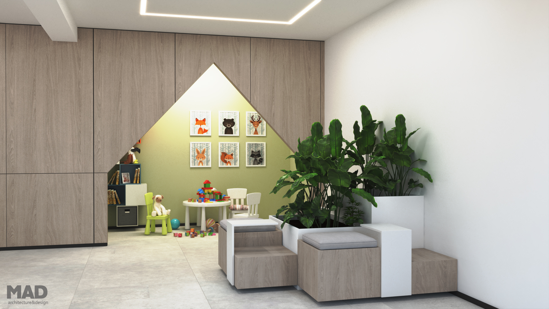 Zonă de joacă pentru copii integrată într-un spațiu medical modern, cu mobilier din lemn și accente verzi, design MAD architecture&design.