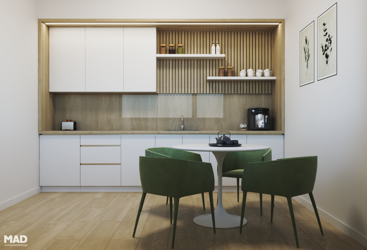 Oficiu modern destinat personalului medical, cu mobilier alb, panouri riflate din lemn natural și scaune verzi, în stil contemporan, realizat de MAD architecture&design.