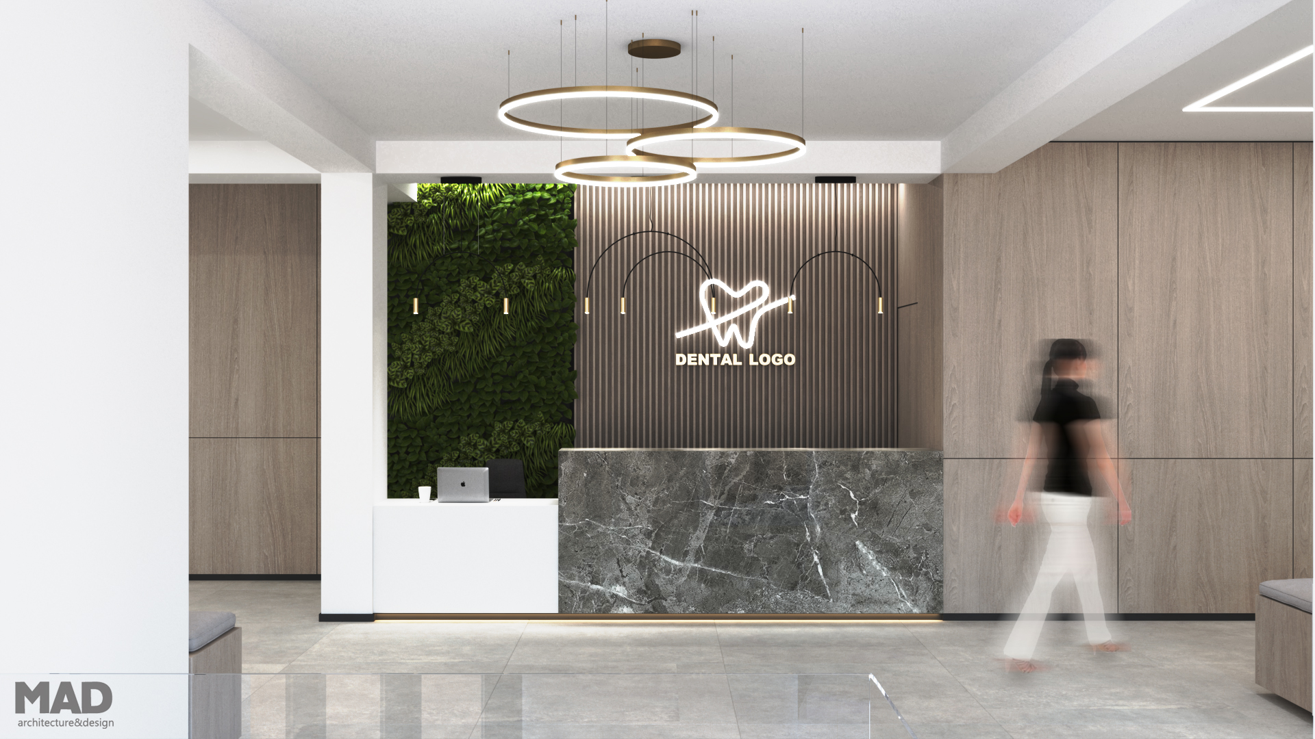 Zonă de recepție elegantă cu perete verde vegetal și iluminat arhitectural, proiect MAD architecture&design.