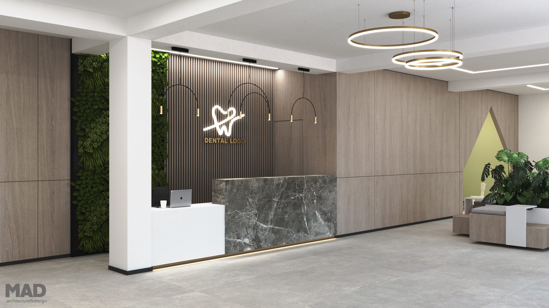 Receptie clinică stomatologică contemporană cu placaje din lemn, finisaje din piatră naturală și plante decorative, design MAD architecture&design.
