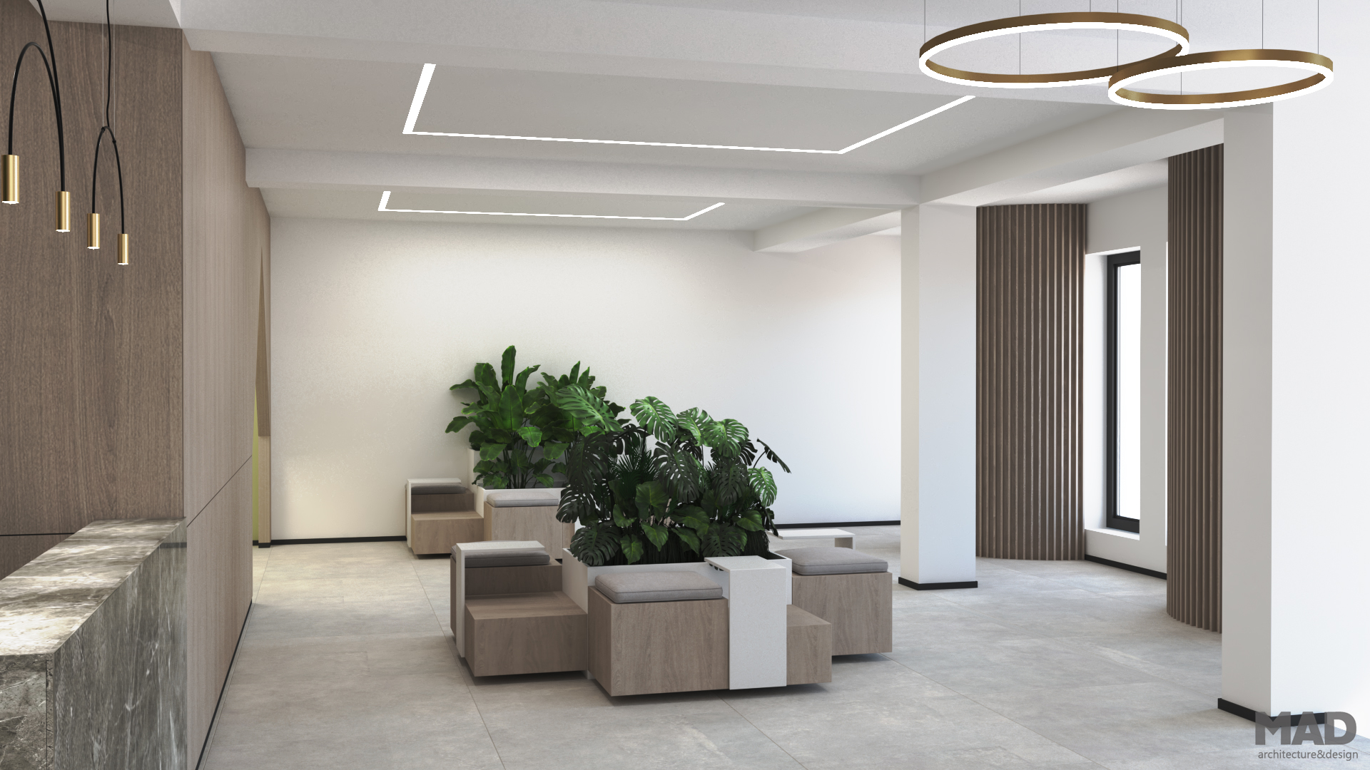 Design interior contemporan pentru sala de așteptare, cu linii curate și accente vegetale, realizat de MAD architecture&design.