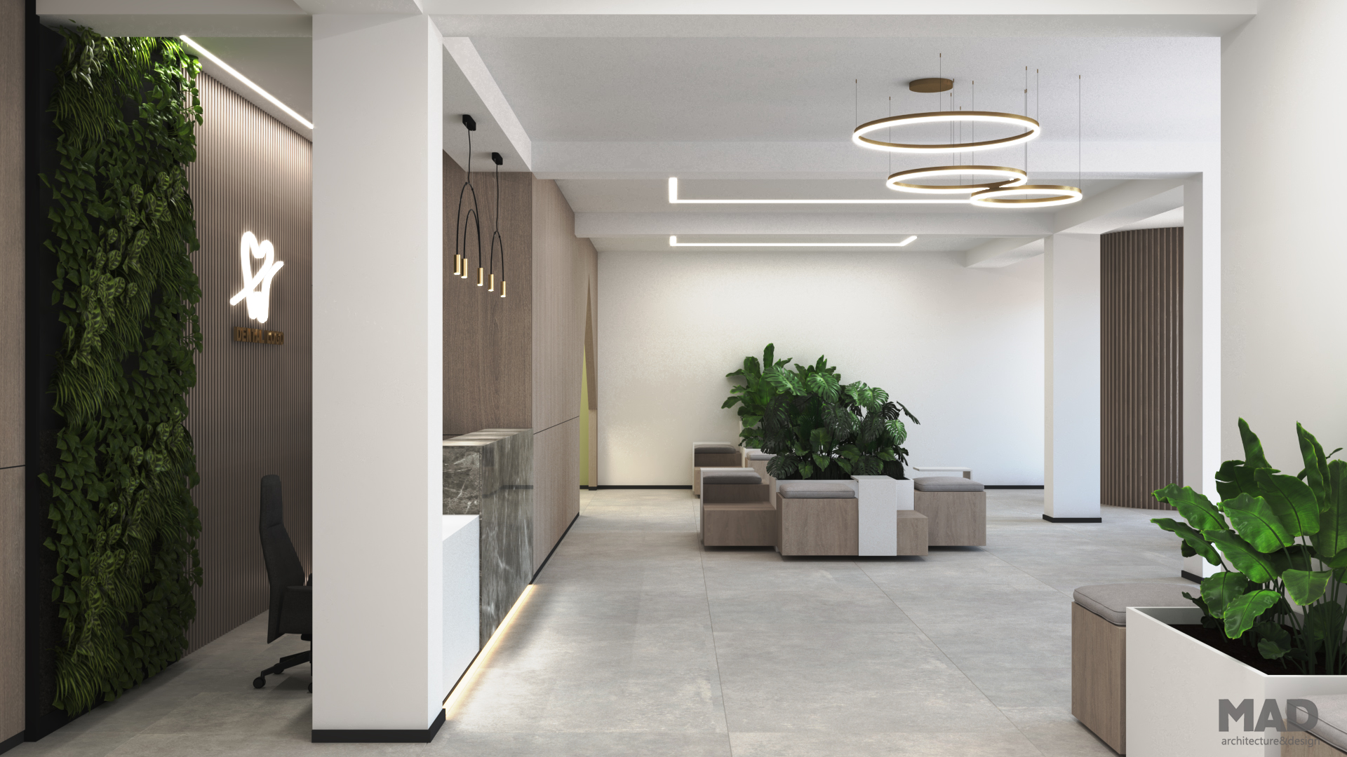 Spațiu de așteptare modern, cu mobilier modular din lemn și plante naturale integrate, semnat MAD architecture&design.