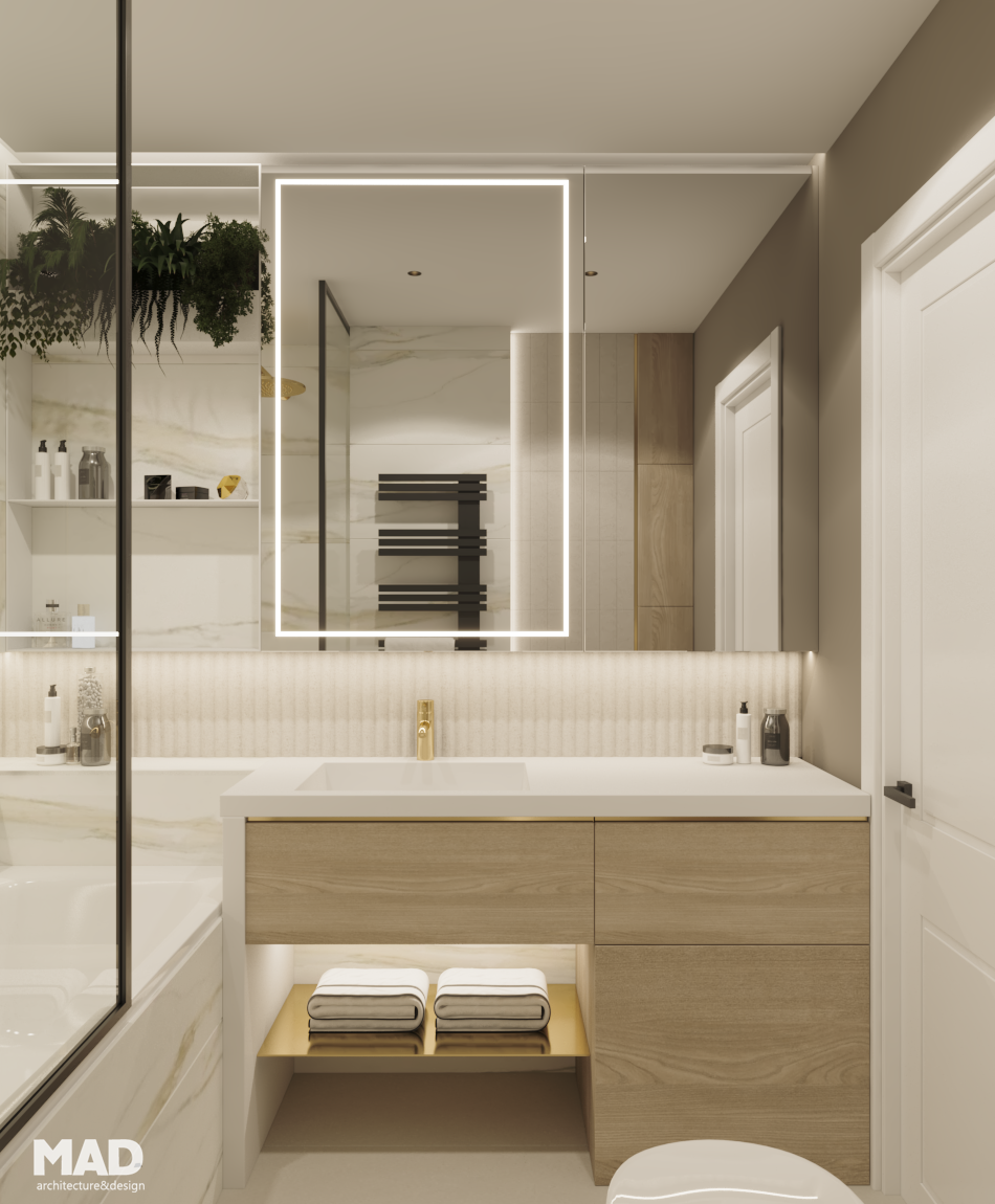 Baie elegantă în stil neoclasic luxury, cu finisaje Calacatta Gold, mobilier din lemn natural și detalii aurii, realizată de MAD architecture&design.