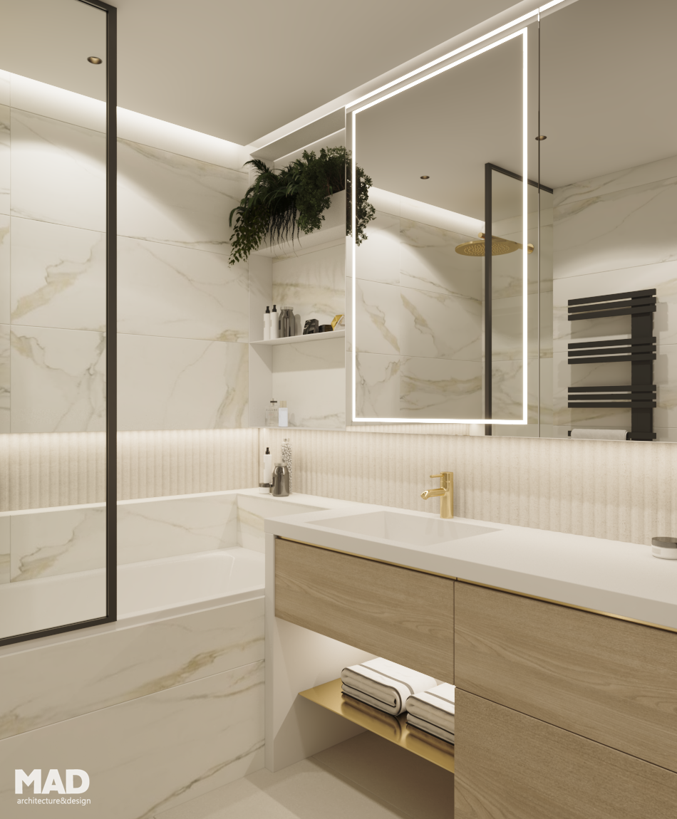 Baie elegantă în stil neoclasic luxury, cu finisaje Calacatta Gold, mobilier din lemn natural și detalii aurii, realizată de MAD architecture&design.