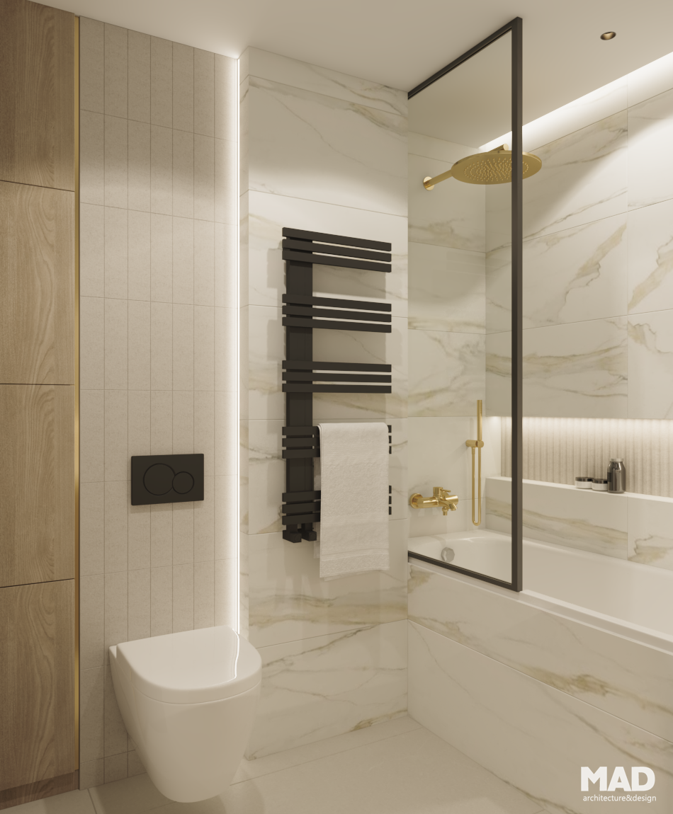 Baie elegantă în stil neoclasic luxury, cu finisaje Calacatta Gold, mobilier din lemn natural și detalii aurii, realizată de MAD architecture&design.
