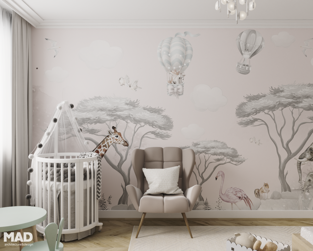 Cameră de copil în stil contemporan soft, cu tapet ilustrat cu baloane și animale, pătuț de bebe rotund alb și mobilier pastelat, design realizat de MAD architecture&design.