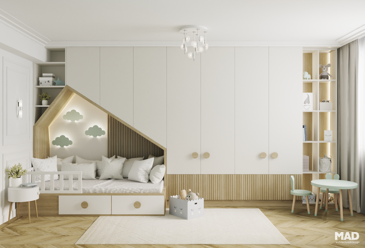Cameră de copil luminoasă, amenajată în stil contemporan cu influențe nordice, mobilier alb cu accente din lemn și pat tip căsuță, proiect MAD architecture&design.