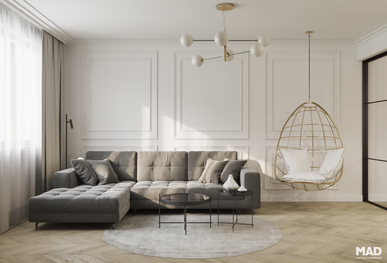 Living neoclasic cu pereți decorați cu chenare, canapea din catifea gri și fotoliu suspendat auriu, amenajat de MAD architecture&design.