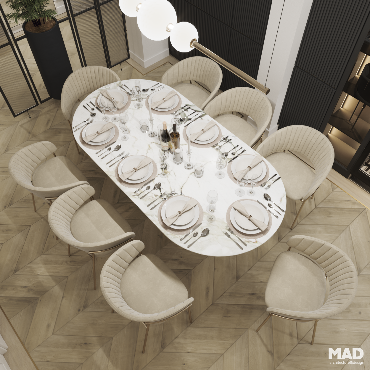 Zona de dining elegantă, cu masă ovală din marmură albă și scaune bej cu picioare aurii, în stil neoclasic glam, realizată de MAD architecture&design