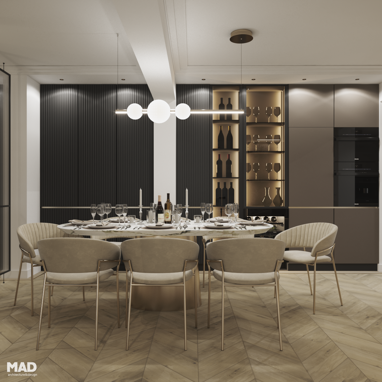 Spațiu de dining elegant, cu mobilier integrat, vitrină iluminată și masă din marmură, design luxury MAD architecture&design.