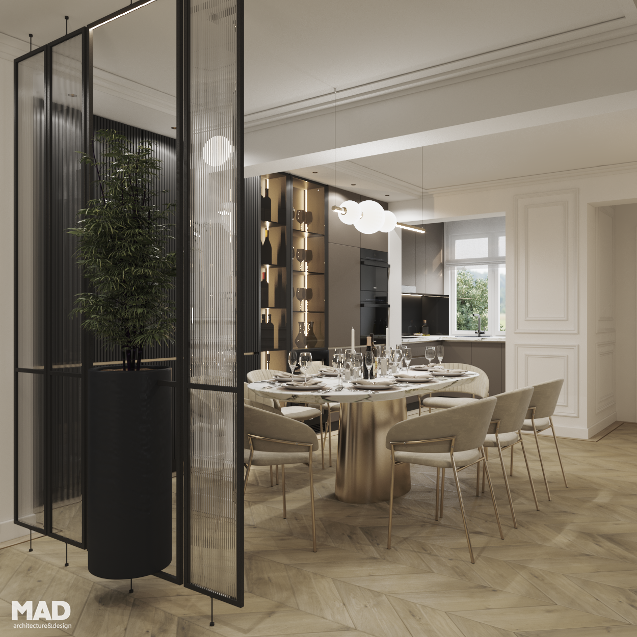 Separare între hol și dining printr-un panou decorativ din sticlă canelată și structură metalică neagră cu plantă naturală, proiect MAD architecture&design.