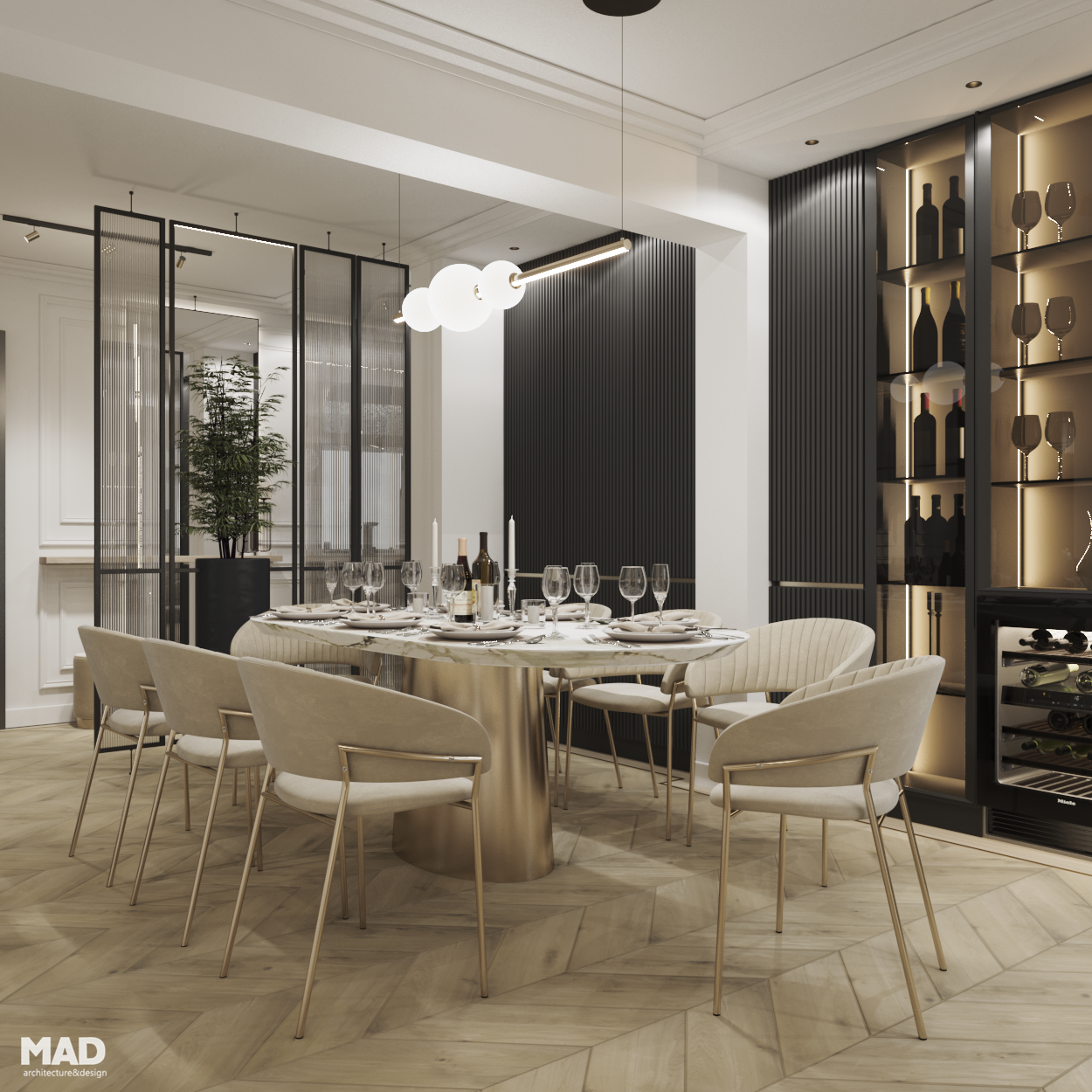 Dining sofisticat cu masă rotundă aurie, scaune tapițate bej și corpuri de iluminat moderne, în design luxury de MAD architecture&design.