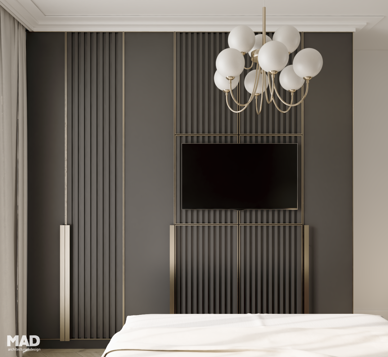 Dormitor neoclasic contemporan cu dulap gri-antracit, accente aurii și candelabru cu globuri, realizat de MAD architecture&design.
