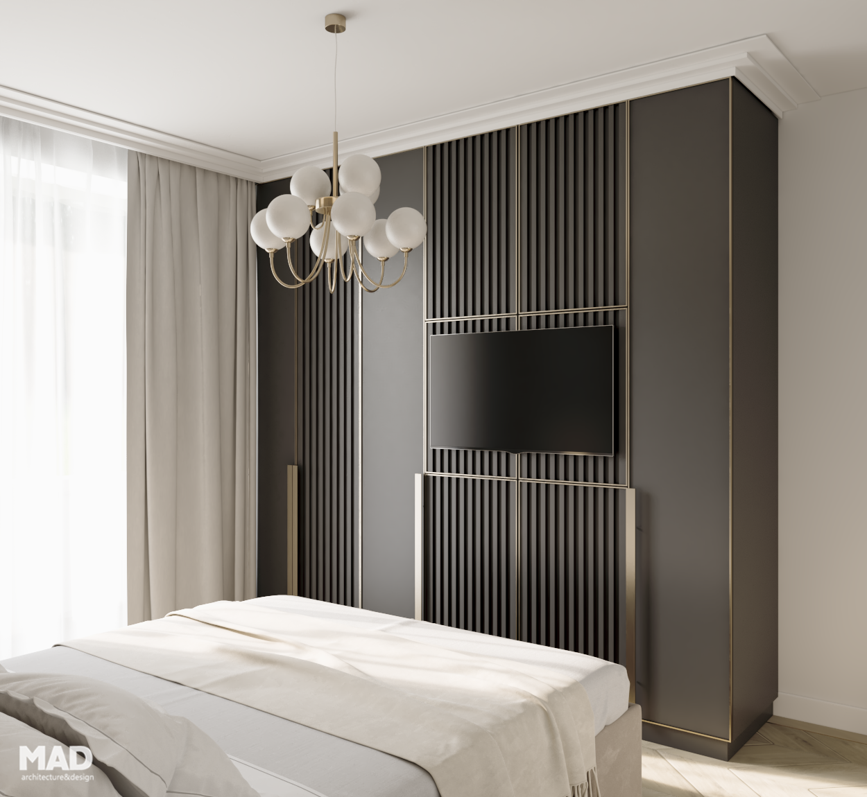 Dormitor neoclasic contemporan cu dulap gri-antracit, accente aurii și candelabru cu globuri, realizat de MAD architecture&design.