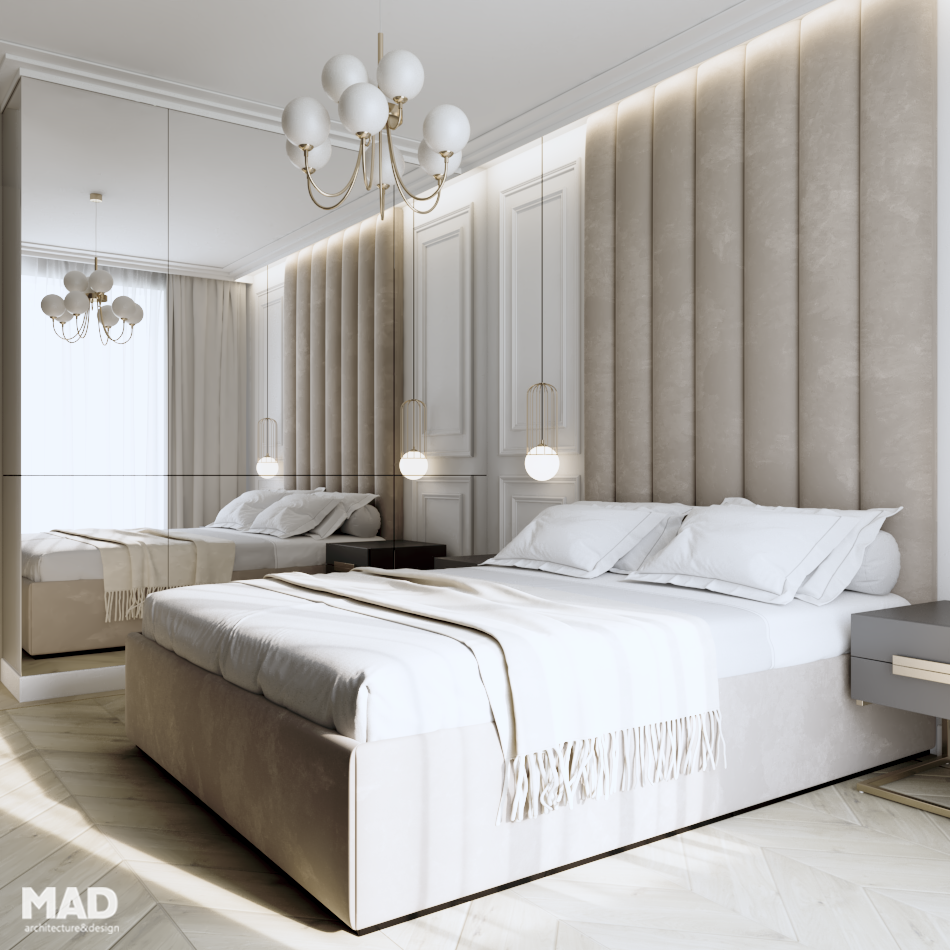 Dormitor elegant în stil neoclasic, cu pat tapițat în catifea bej și perete decorativ oglindit, design semnat MAD architecture&design.