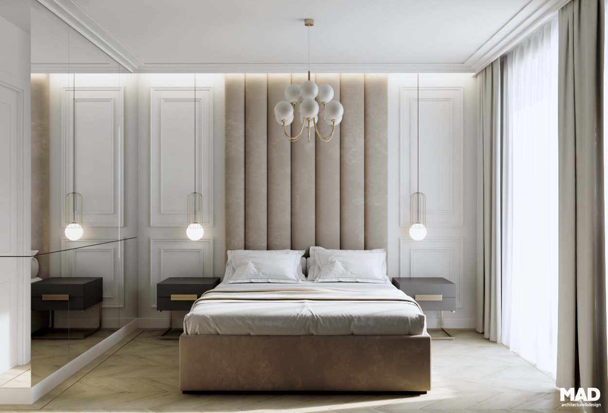 Dormitor luxury cu tăblie înaltă capitonată, corpuri suspendate aurii și paletă cromatică neutră, amenajat de MAD architecture&design.