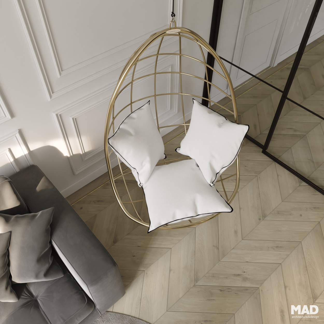Detaliu de fotoliu suspendat auriu, pardoseală din lemn montată în model chevron și perete decorativ clasic, realizat de MAD architecture&design.