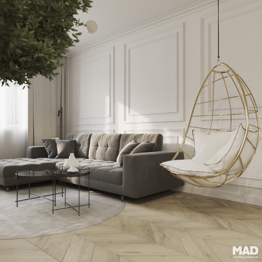 Living elegant cu canapea gri, fotoliu suspendat aurit și pereți cu profile decorative albe, proiect MAD architecture&design.