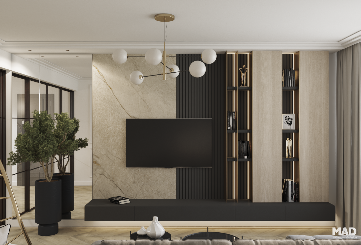 Living modern neoclasic cu perete TV finisat în marmură și panouri negre texturate, iluminat ambiental și detalii aurii, proiect MAD architecture&design.