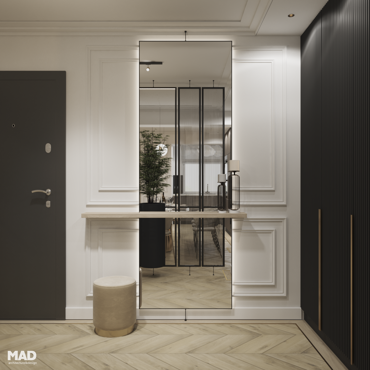 Hol elegant cu oglindă iluminată LED, consolă minimală din lemn deschis și taburet bej cu bază aurie, design MAD architecture&design.